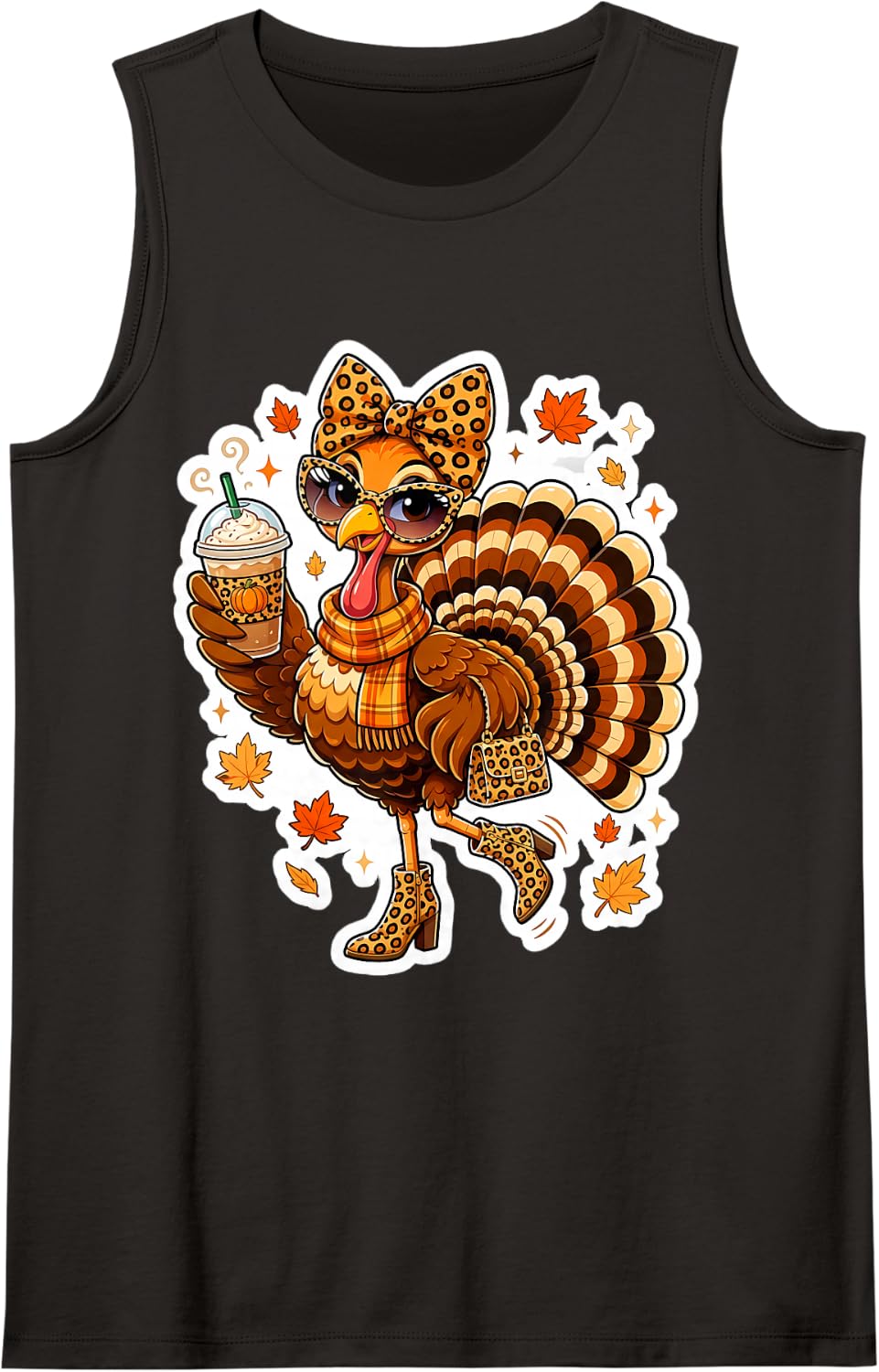 Leopard Turkey Drinking Coffee Women Thanksgiving Fall Cute Sleeveless Tank Top - Black