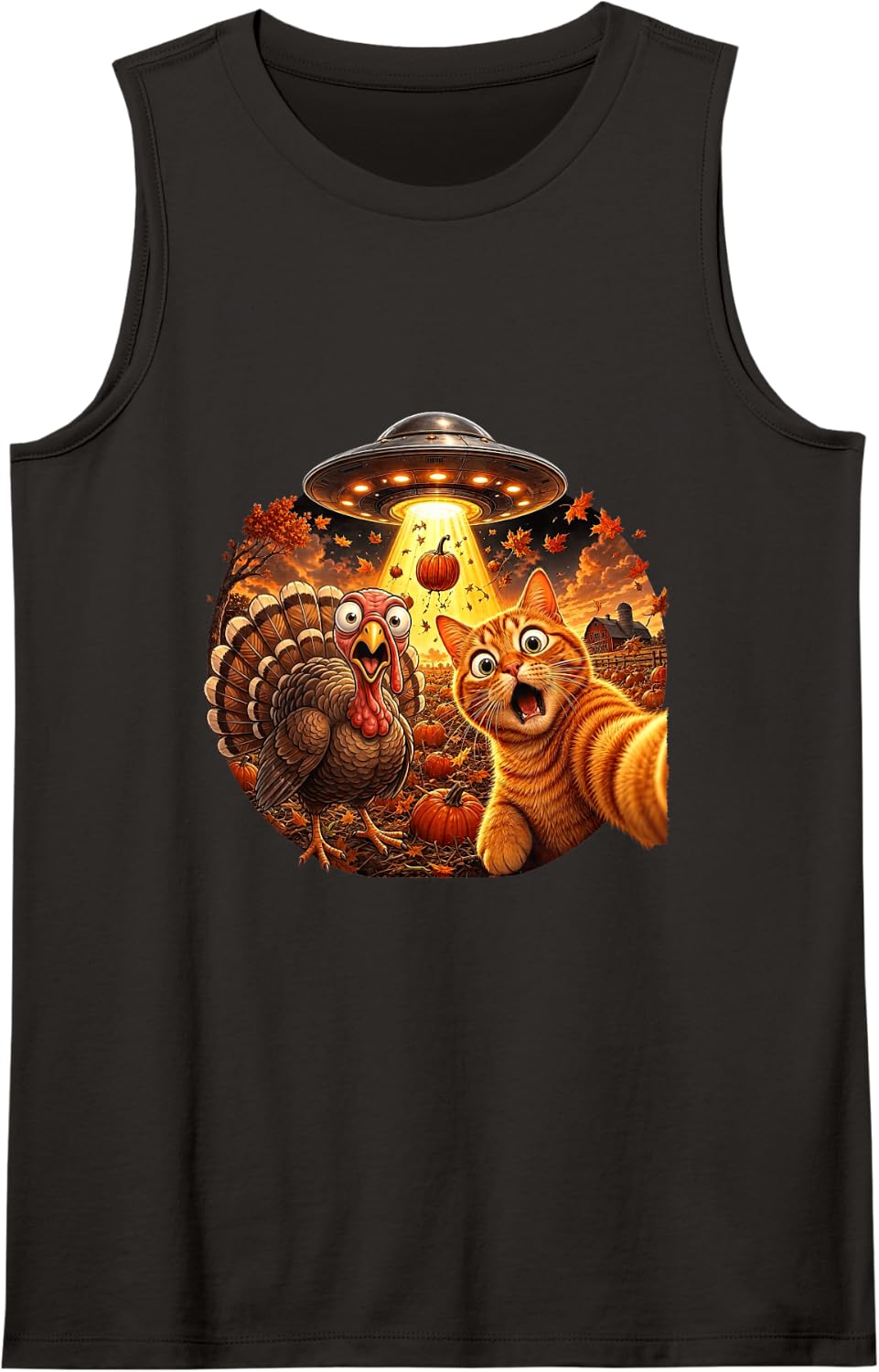 Cat Selfie Turkey Thanksgiving Funny UFO Alien Fall Pumpkin Sleeveless Tank Top - Black