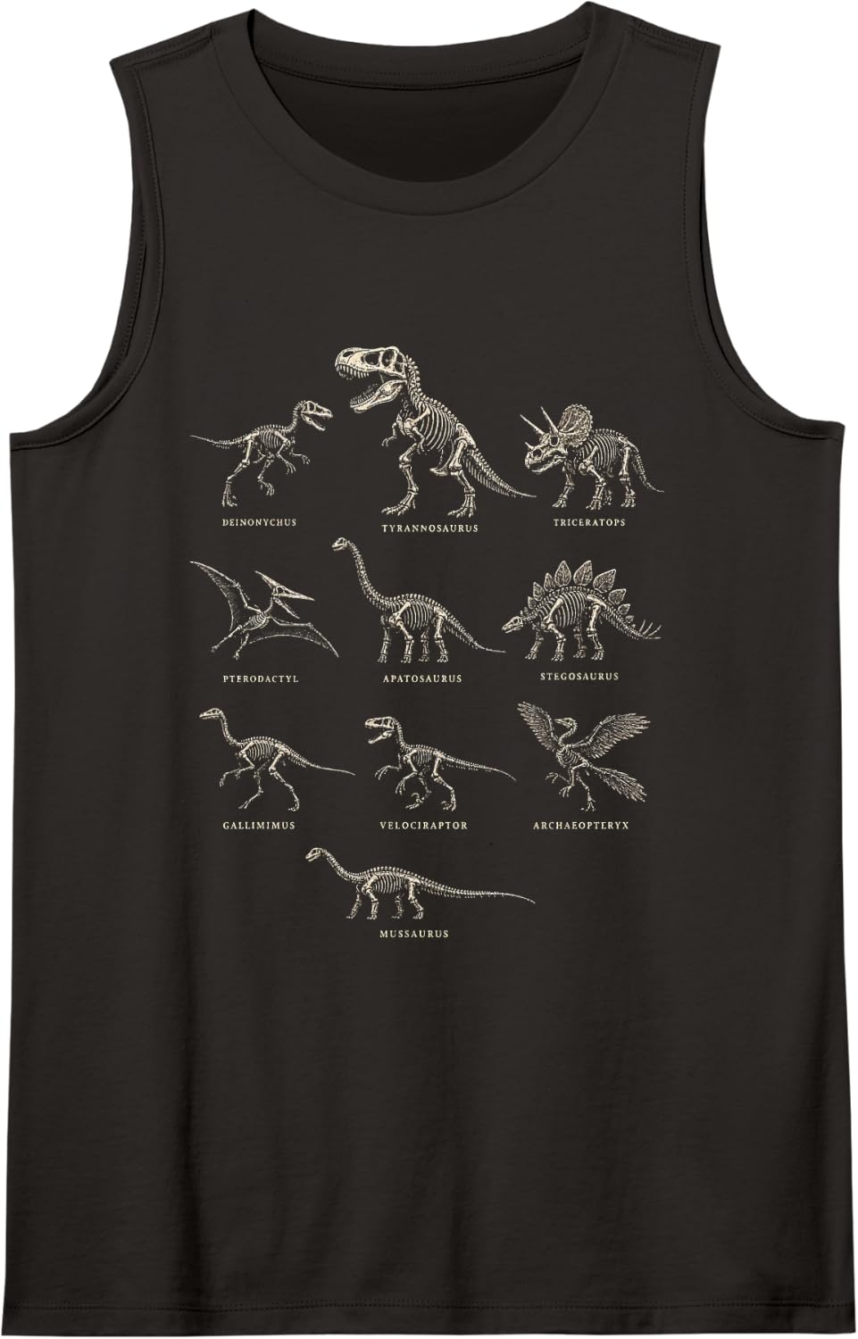 Dinosaur Fossil Chart T Rex Velociraptor Triceratops Names Sleeveless Tank Top - Black