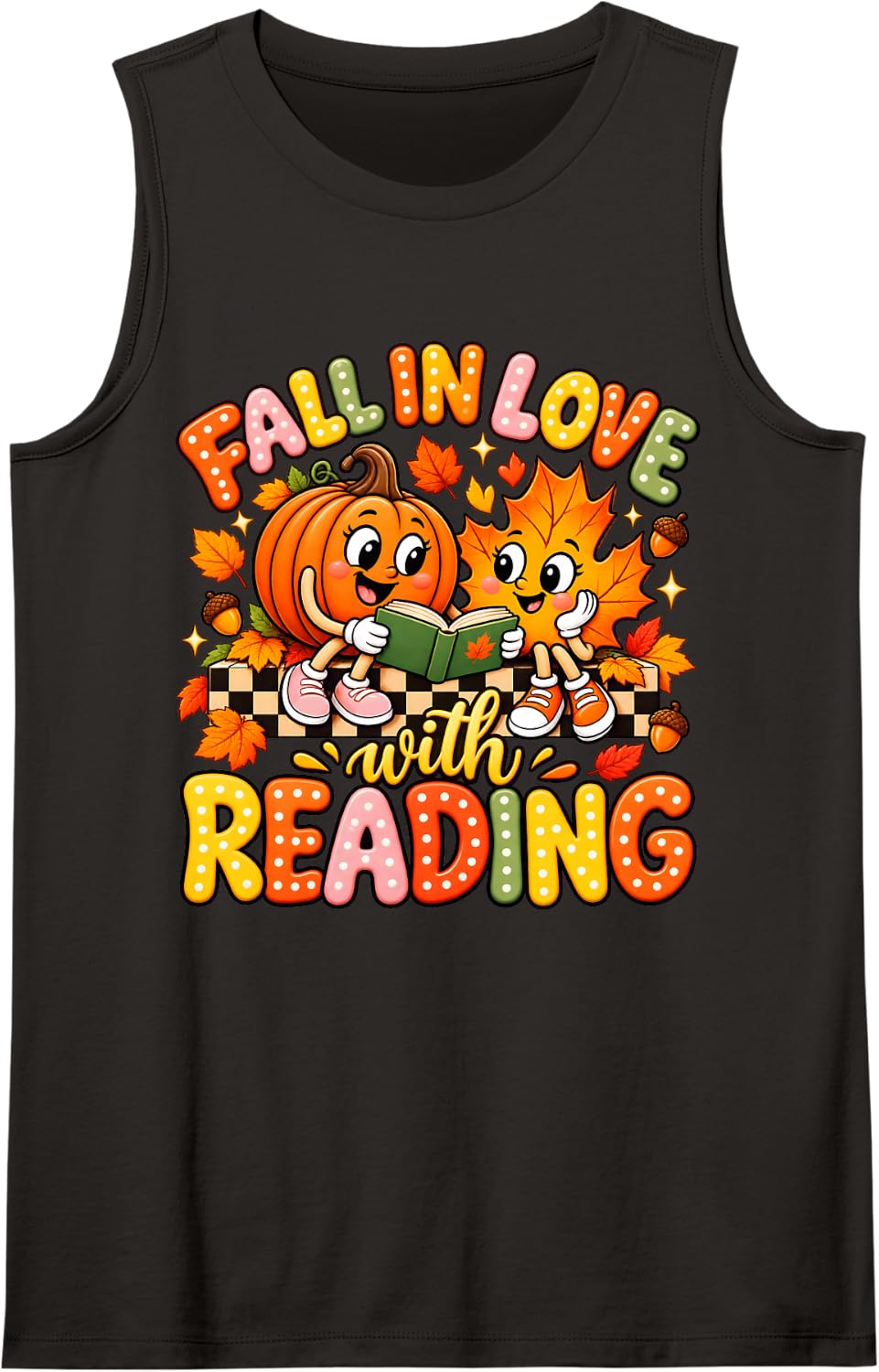 Fall in Love with Reading Autumn Pumpkin Teacher Book Lover Sleeveless Tank Top - Black