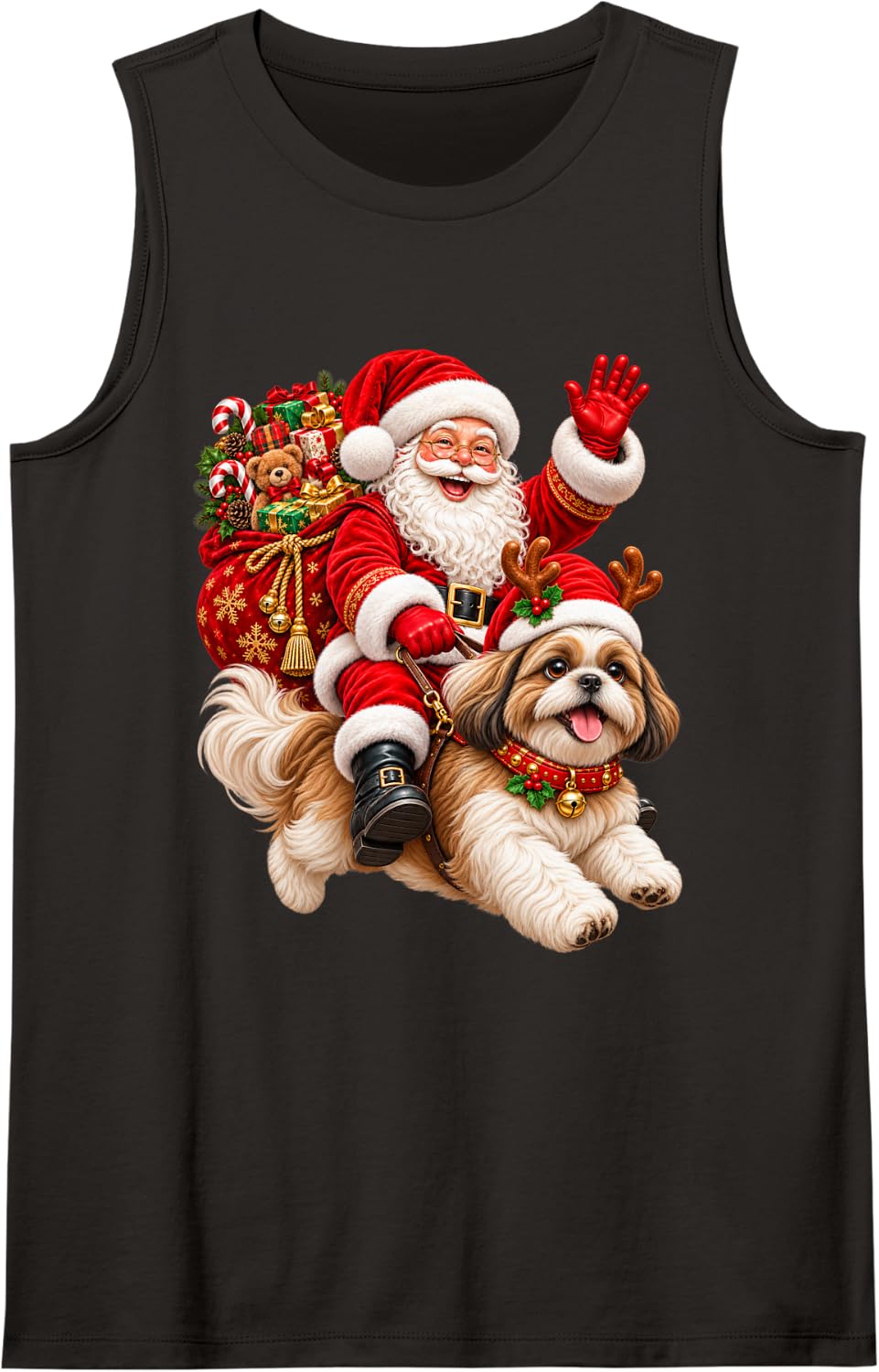 Shih Tzu Christmas Hat Santa Riding Pet Dog Xmas Sleeveless Tank Top - Black