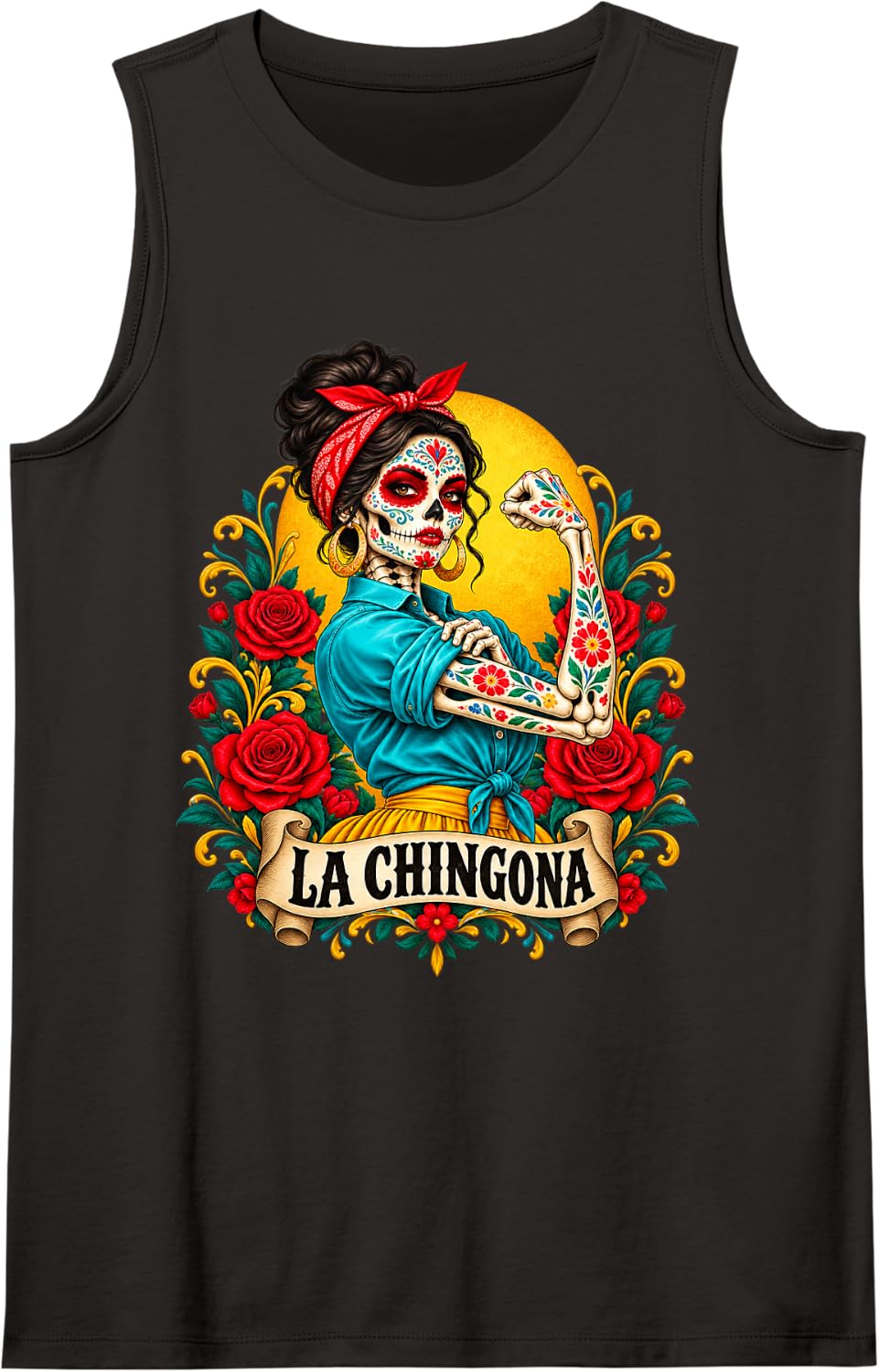 Women's La Chingona Sugar Skull Latina Power Spanish Slang Sleeveless Tank Top - Black
