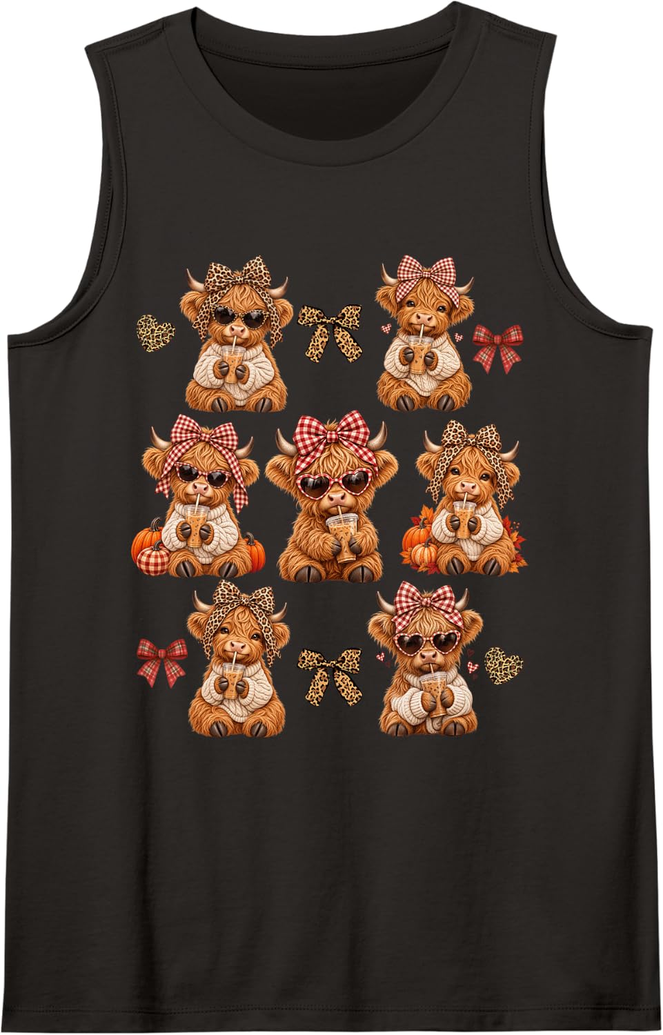 Cute Highland Cow Iced Coffee Fall Leopard Plaid Bows Sleeveless Tank Top - Black