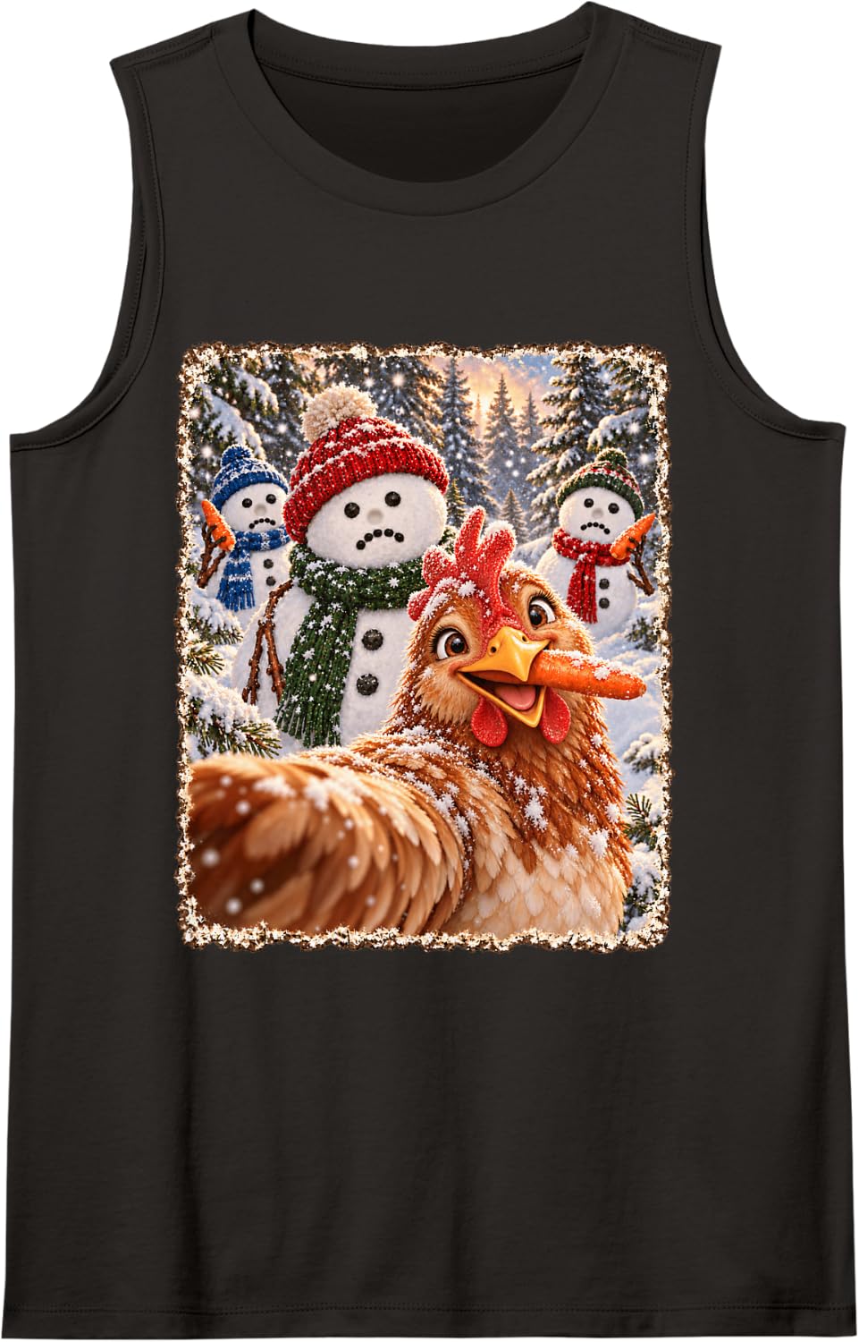 Funny Chicken Joyful Christmas Snowman Selfie Sleeveless Tank Top - Black
