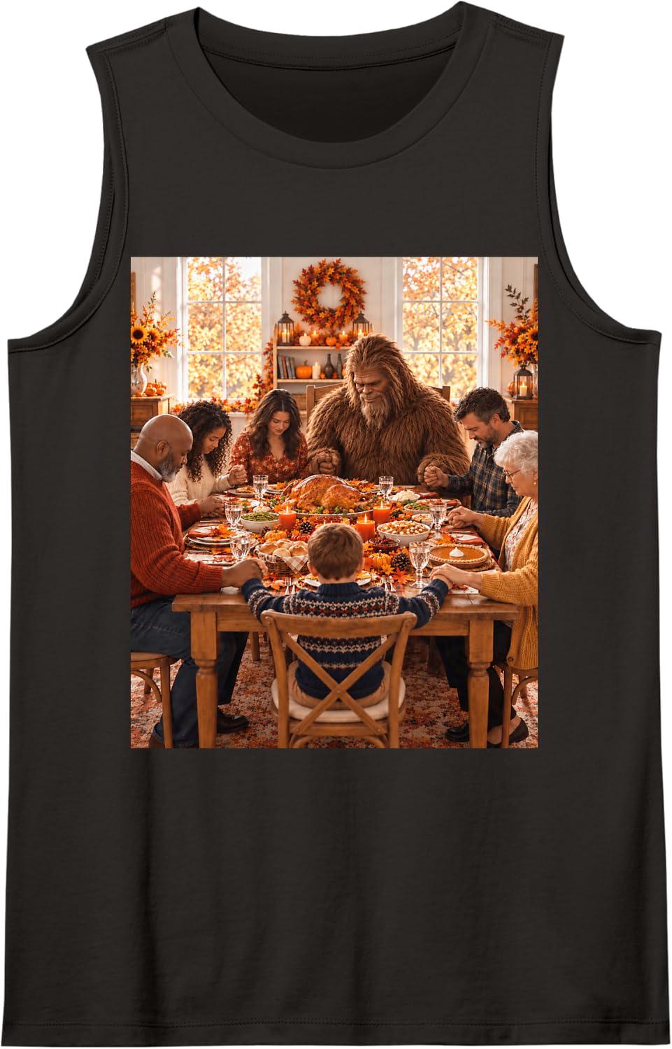 Funny Bigfoot Thanksgiving Dinner with Family Sasquatch Sleeveless Tank Top - Black
