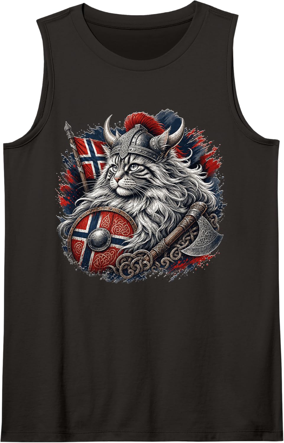 Majestic Norwegian Forest Cat Viking Illustration Sleeveless Tank Top - Black