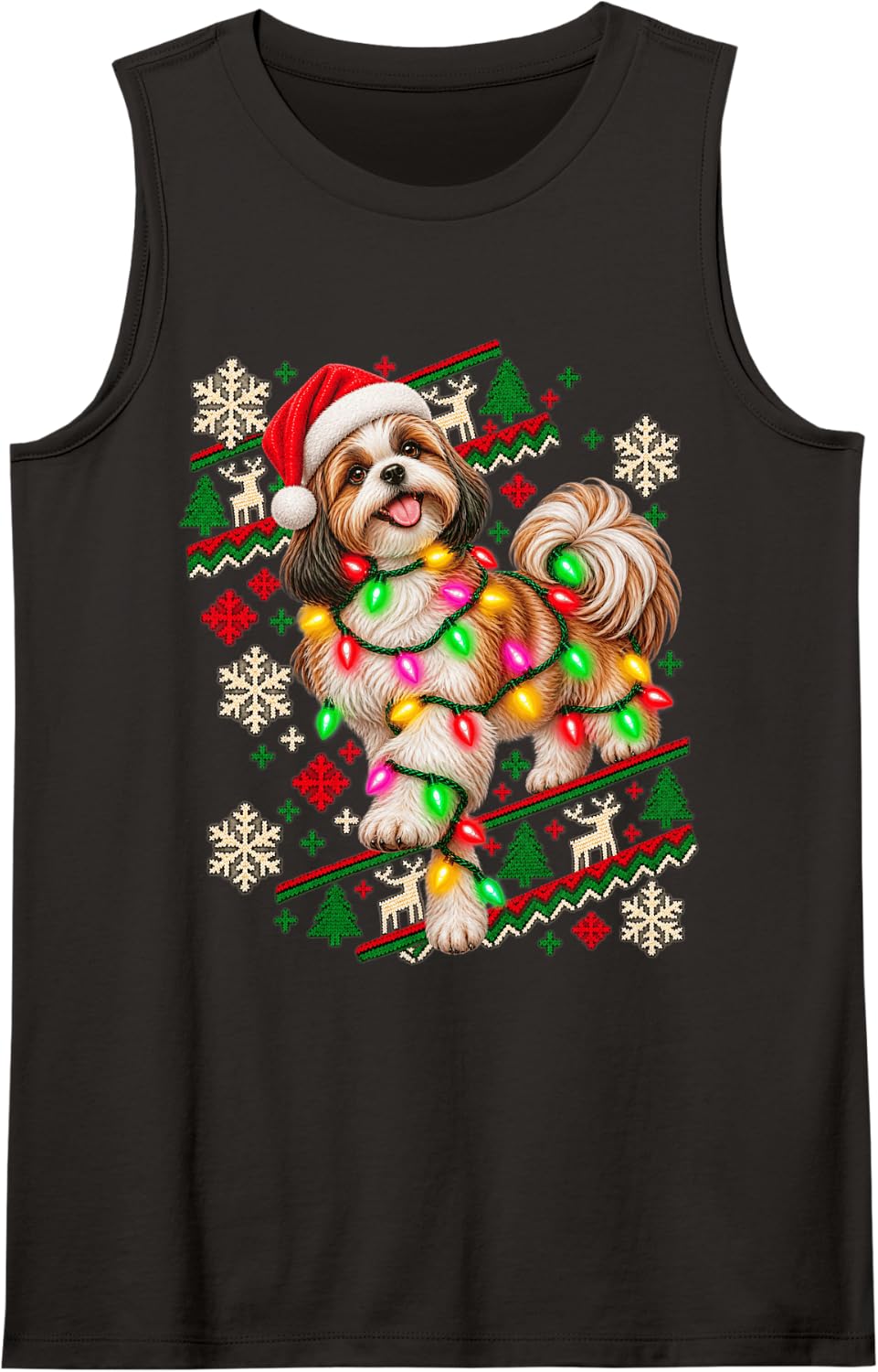 Christmas Lights Shih Tzu Playful Holiday Design Sleeveless Tank Top - Black