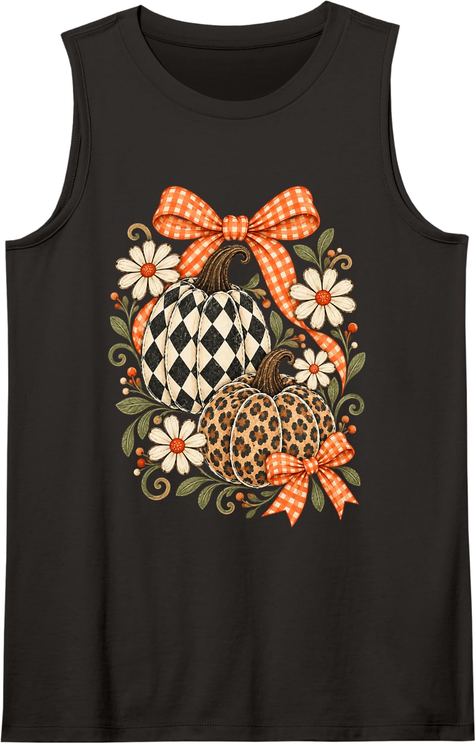Fall Pumpkin Daisy Bow Autumn Harvest Floral Sleeveless Tank Top - Black