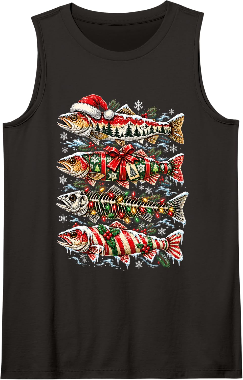 Christmas Trout Fish Candy Cane Skeleton Fishing Merry Xmas Sleeveless Tank Top - Black