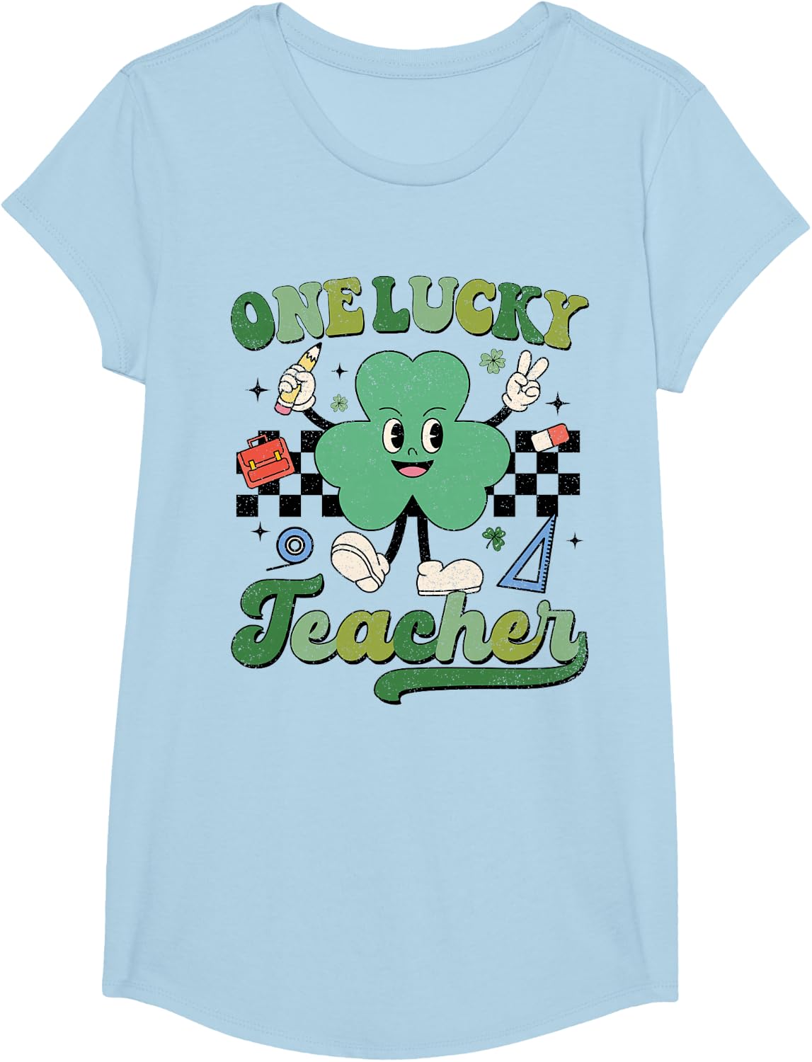 Retro St Patricks Day One Lucky Teacher Hippie Shamrock T-Shirt - Girls Baby Blue