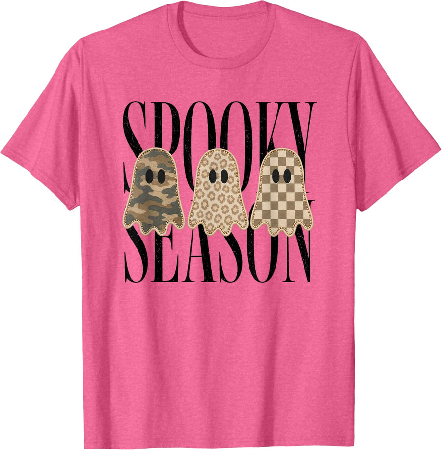 Spooky Season Neutral Ghost Trio Halloween Design T-Shirt - Pink Heather