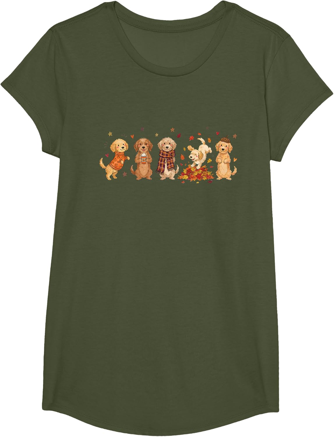 Fall Goldendoodle Coffee Pumpkin Spice Latte Iced Autumn T-Shirt - Girls Olive Green