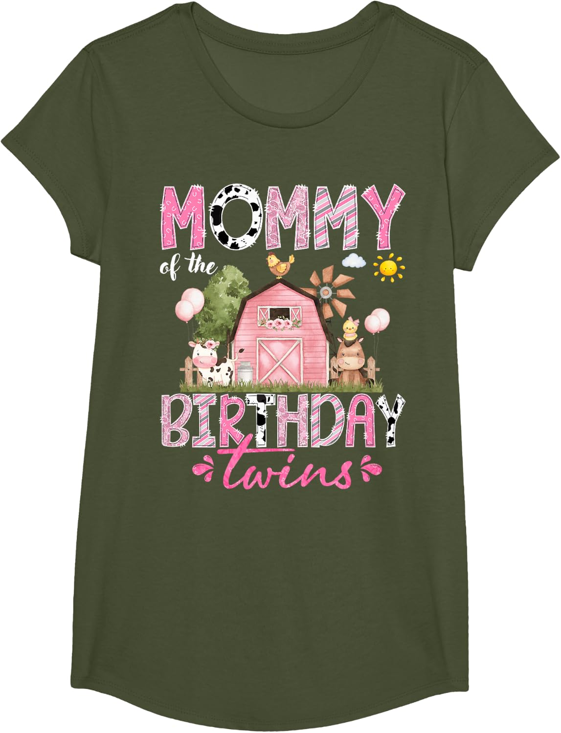 Mommy of The Birthday Twins Pink Barnyard Farm Animals T-Shirt - Girls Olive Green
