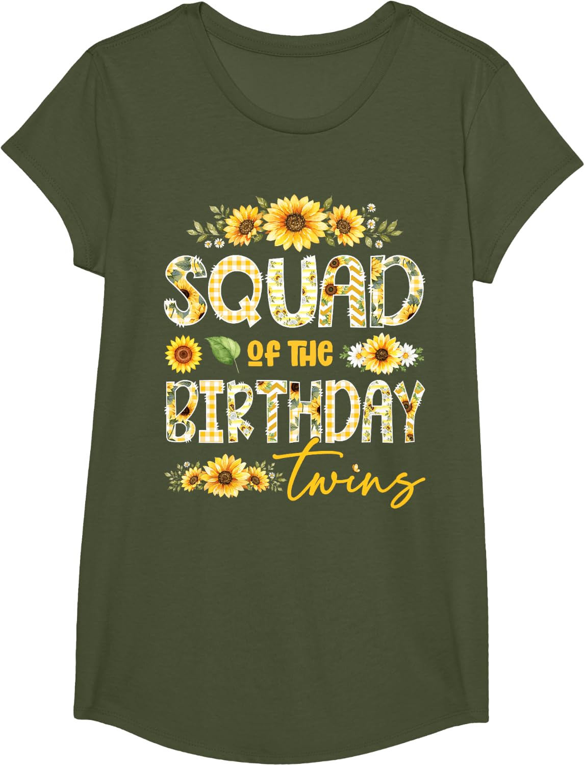 Squad of The Birthday Twins Sunflower Floral Matching T-Shirt - Girls Olive Green