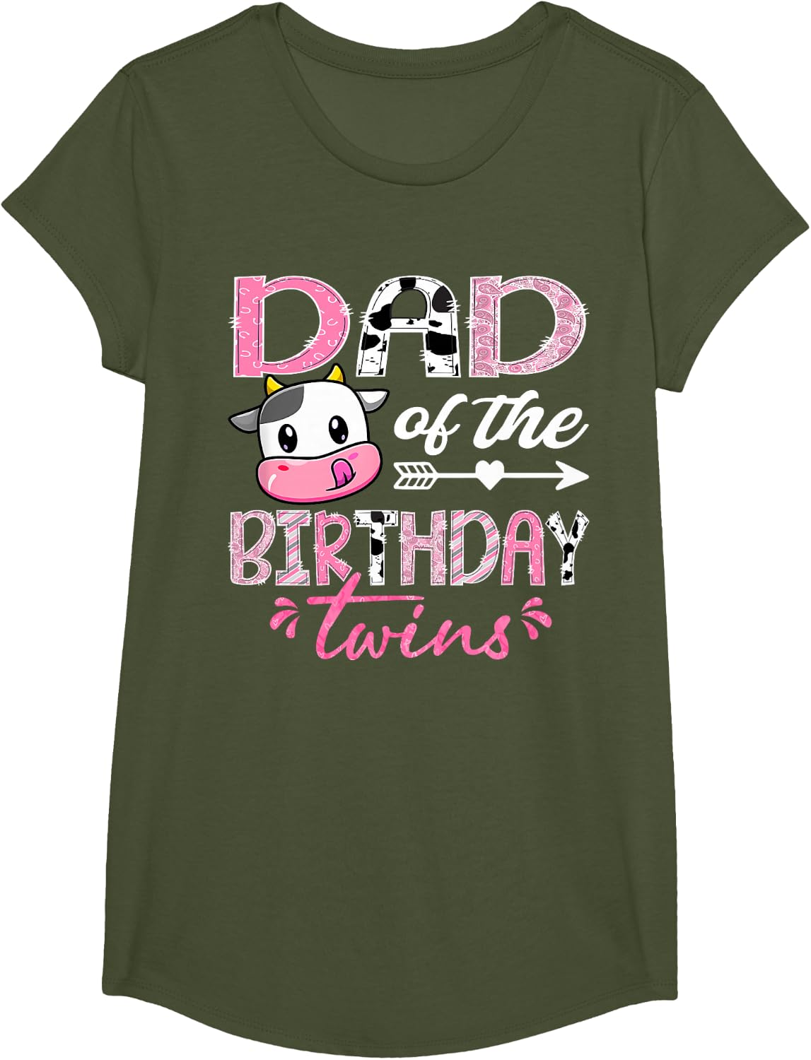 Dad of The Birthday Twins Farm Cow 1st Birthday Party T-Shirt - Girls Olive Green