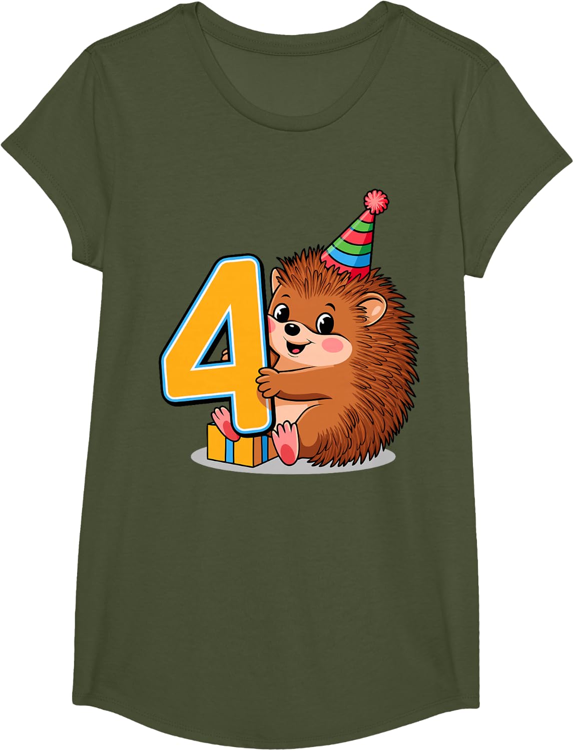 4th Birthday Hedgehog Kids T-Shirt - Girls Olive Green
