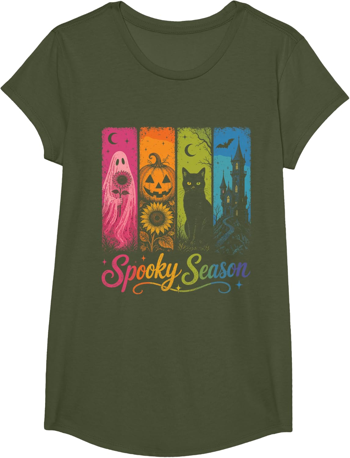Spooky Season Shirt Halloween Ghost Pumpkin Cat Fall Tees T-Shirts - Girls Olive Green