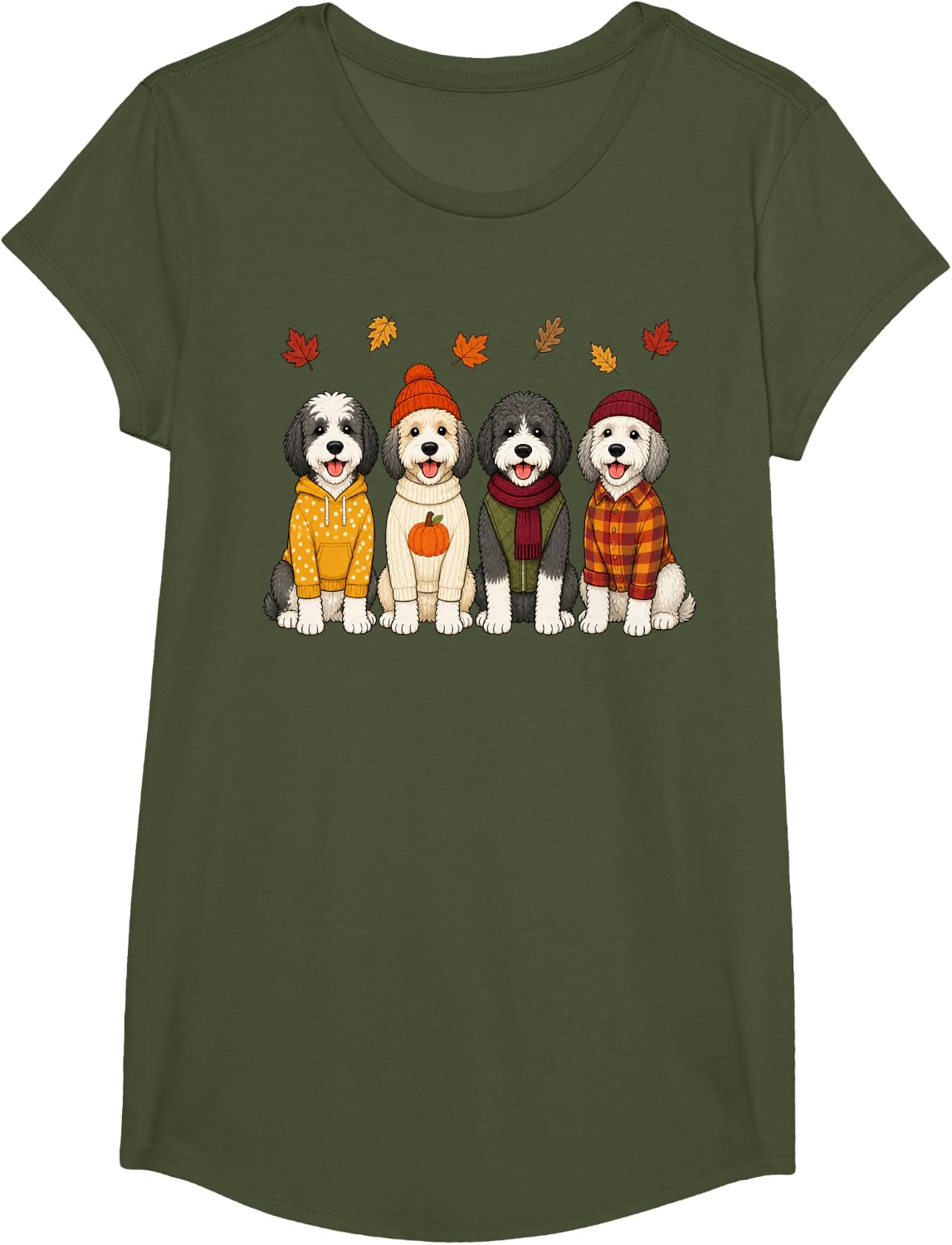 Sheepadoodle Fall Autumn Season Doodle Dog Pumpkin T-Shirt - Girls Olive Green