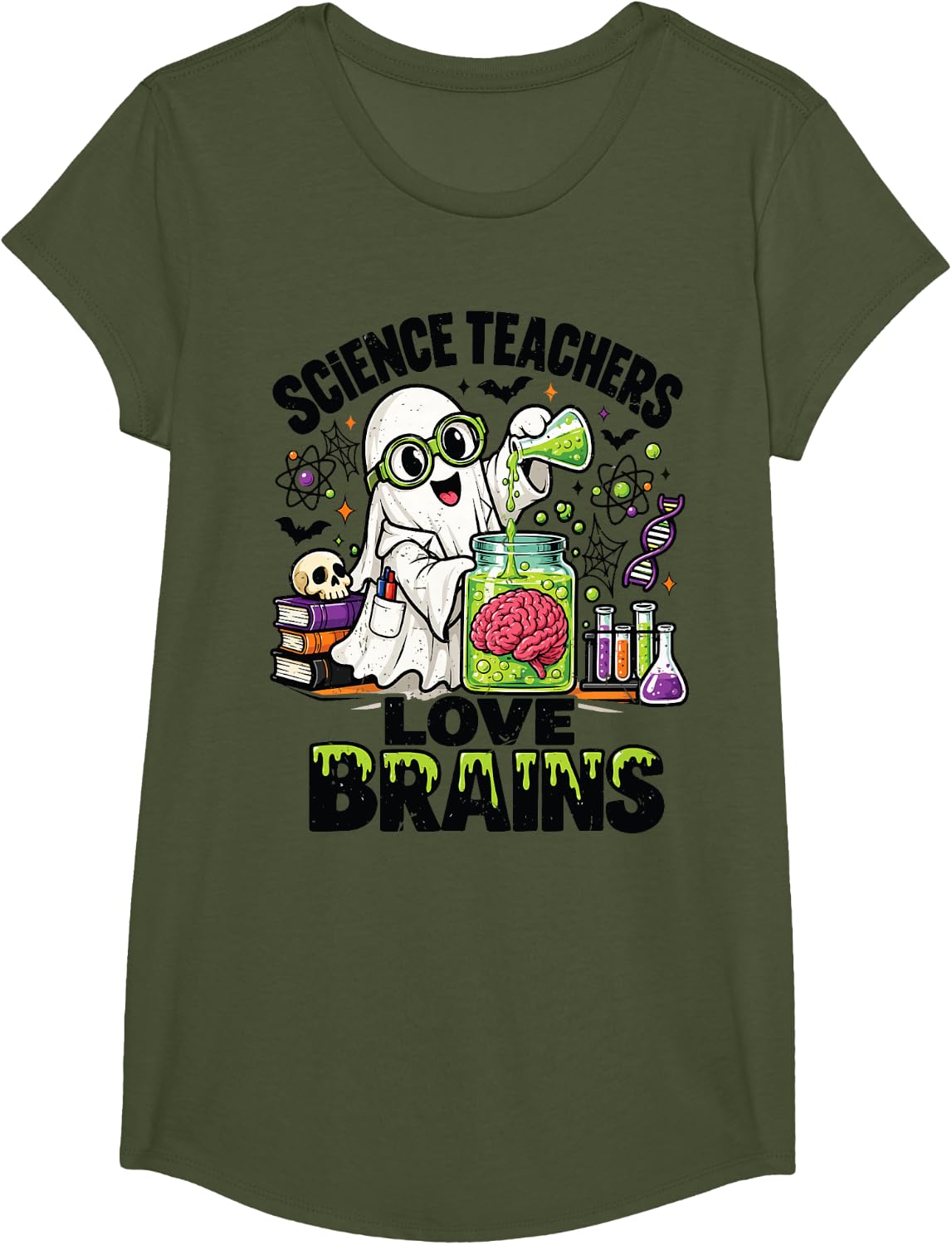 Ghost Science Teachers Love Brains Biology Halloween Costume T-Shirt - Girls Olive Green