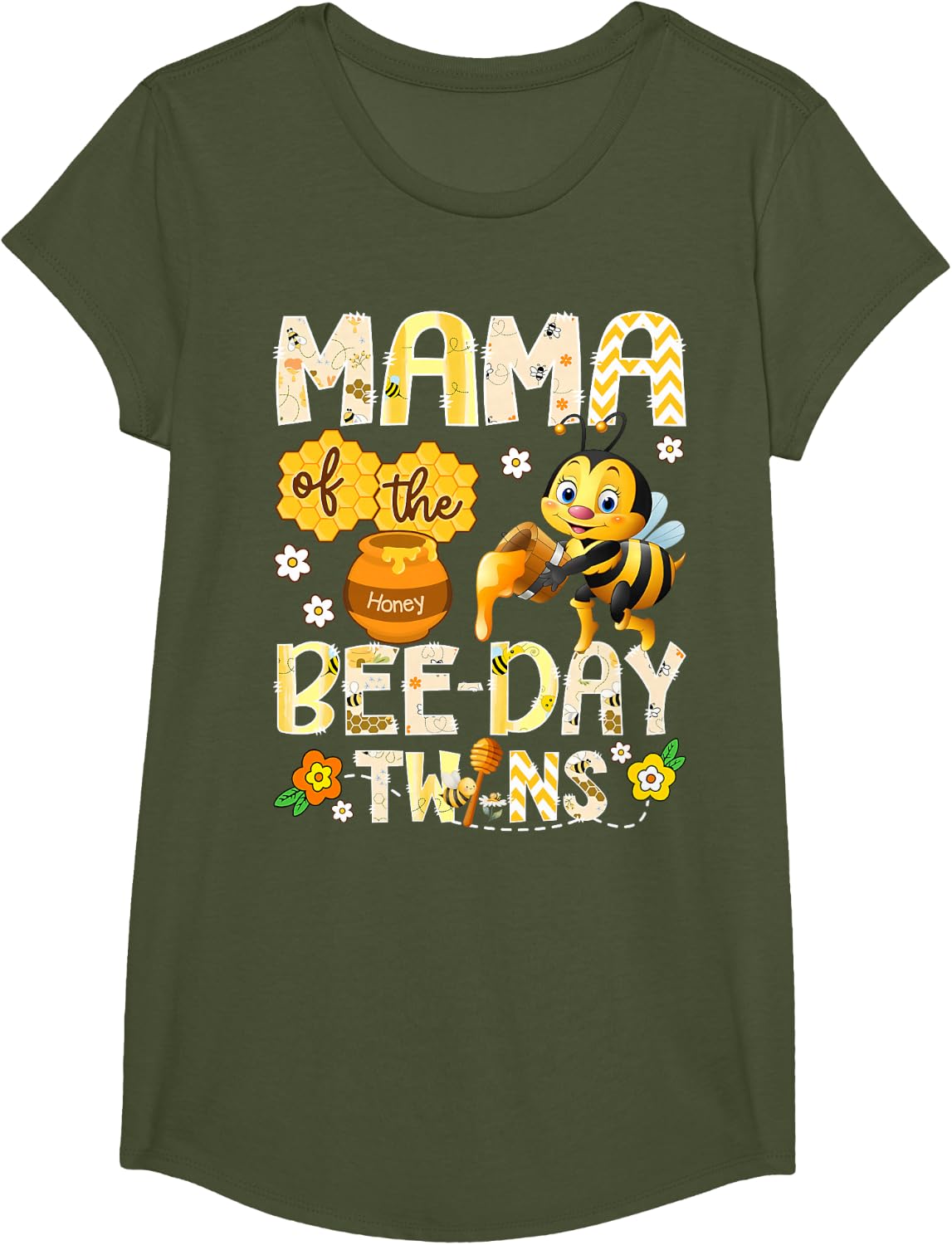 Mama of The Bee-Day Twins Funny Mama to Bee T-Shirt - Girls Olive Green