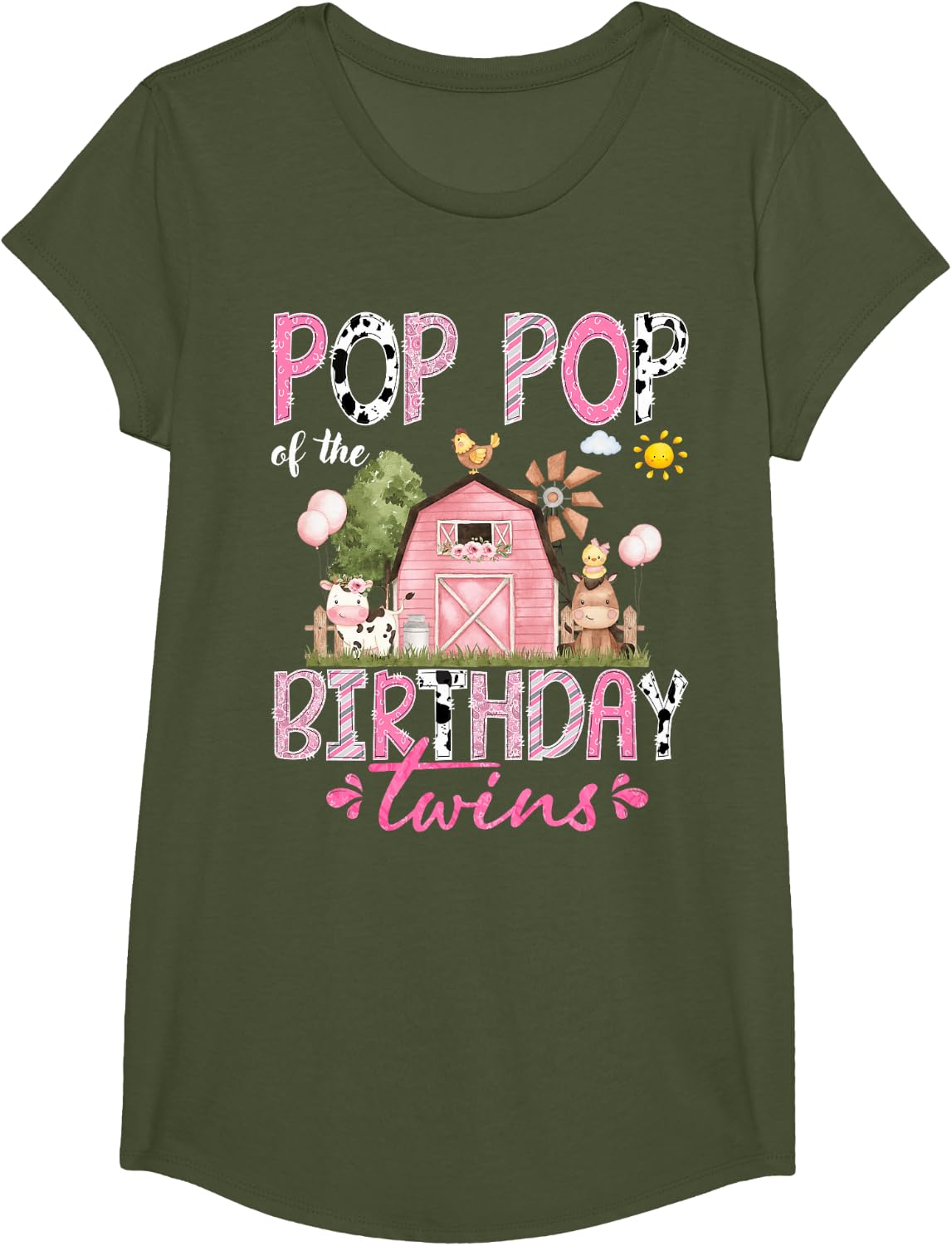 Pop Pop of The Birthday Twins Pink Barnyard Farm Animals T-Shirt - Girls Olive Green