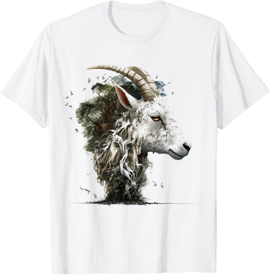 Goat Lover Artwork Tree | Animal Motif T-Shirt - White