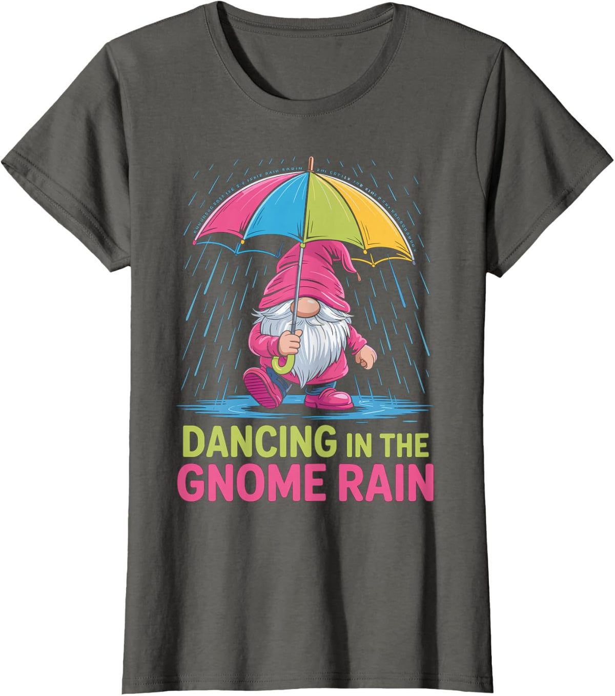 Dancing in the Gnome Rain - Colorful Gnome Design T-Shirt - Asphalt Grey