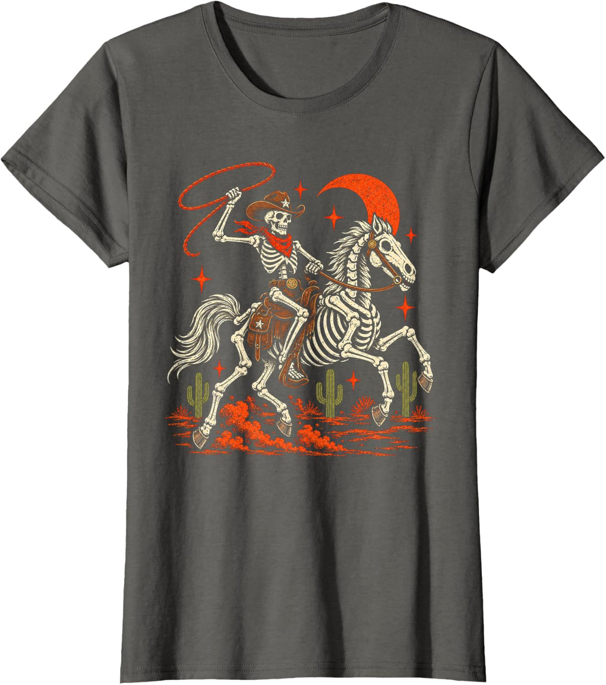 Halloween Skeleton Cowboy Horse Graphic Western T-Shirt - Asphalt Grey