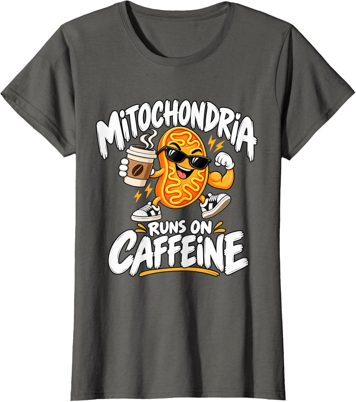 Mitochondria Runs On Caffeine Biology Humor T-Shirt - Asphalt Grey