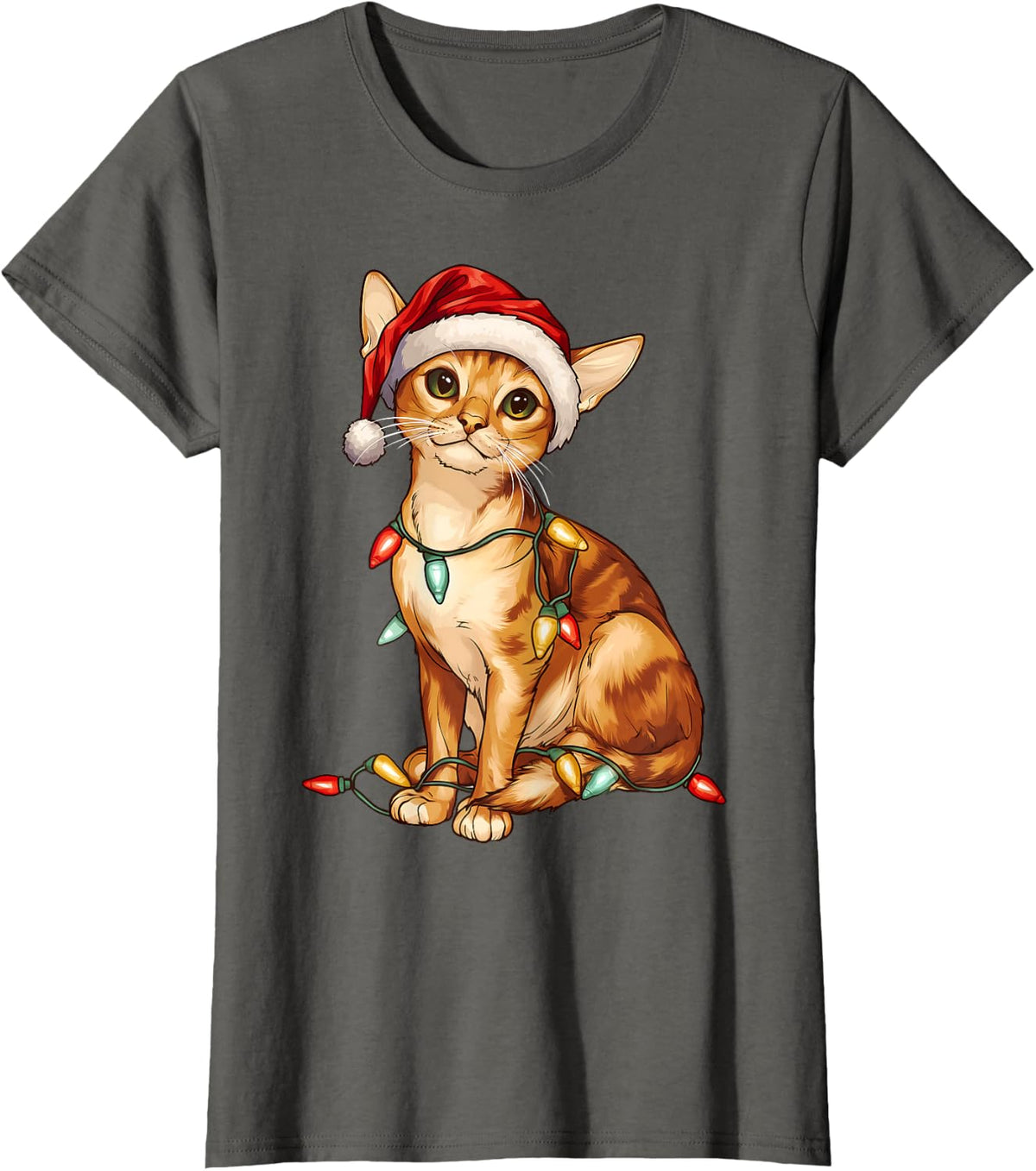 Cute Abyssinian Cat Christmas Hat Xmas T-Shirt - Asphalt Grey