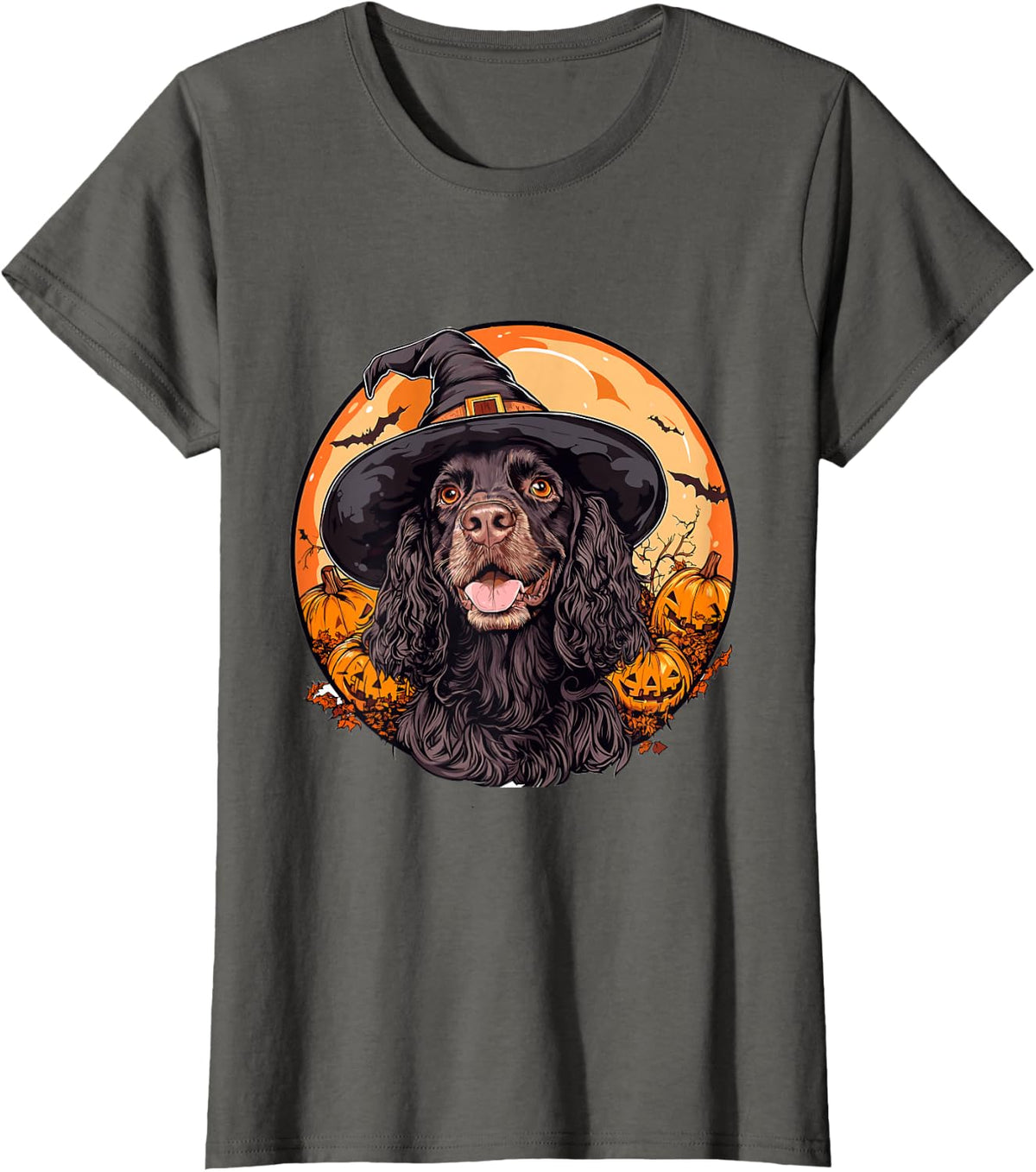 Field Spaniel Dog Whitch Hat Halloween Pumpkin Spooky Happy T-Shirt - Asphalt Grey