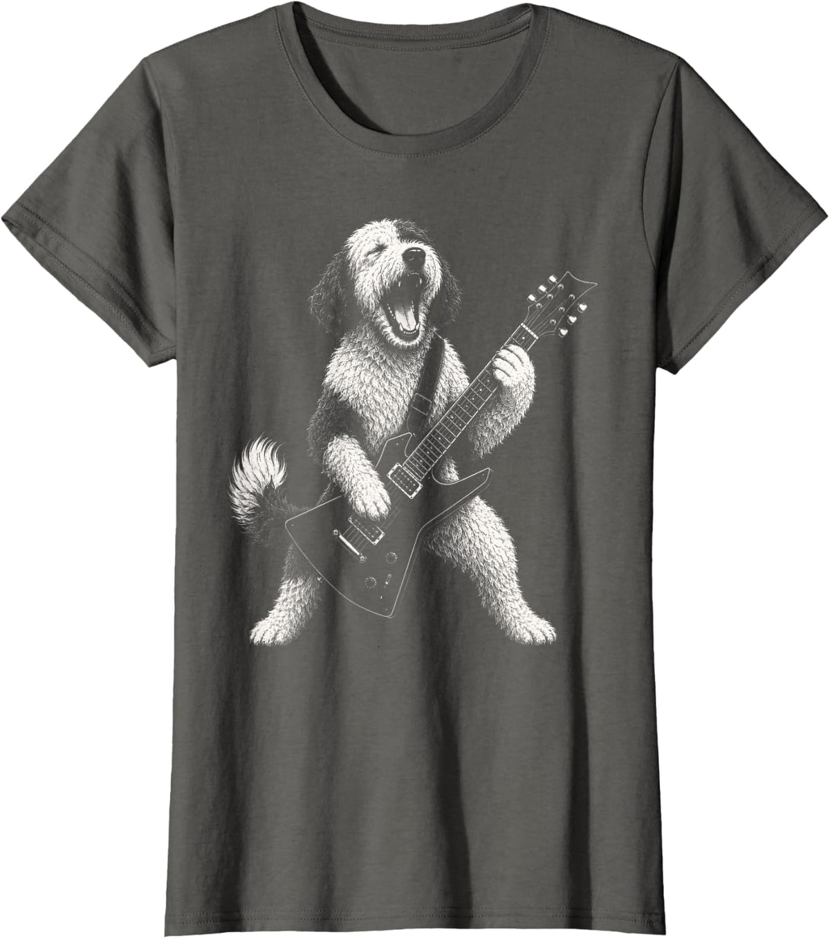Sheepadoodle Playing Guitar Funny Rock and Roll Dog T-Shirt - Asphalt Grey