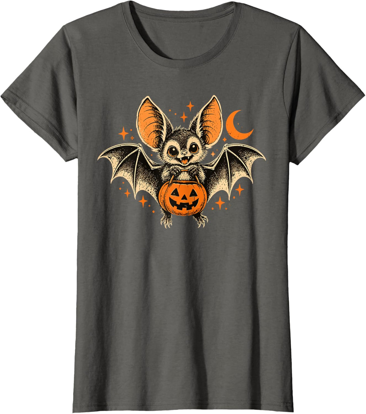 Retro Halloween Bat Spooky Season Bat Jack O Lantern T-Shirt - Asphalt Grey