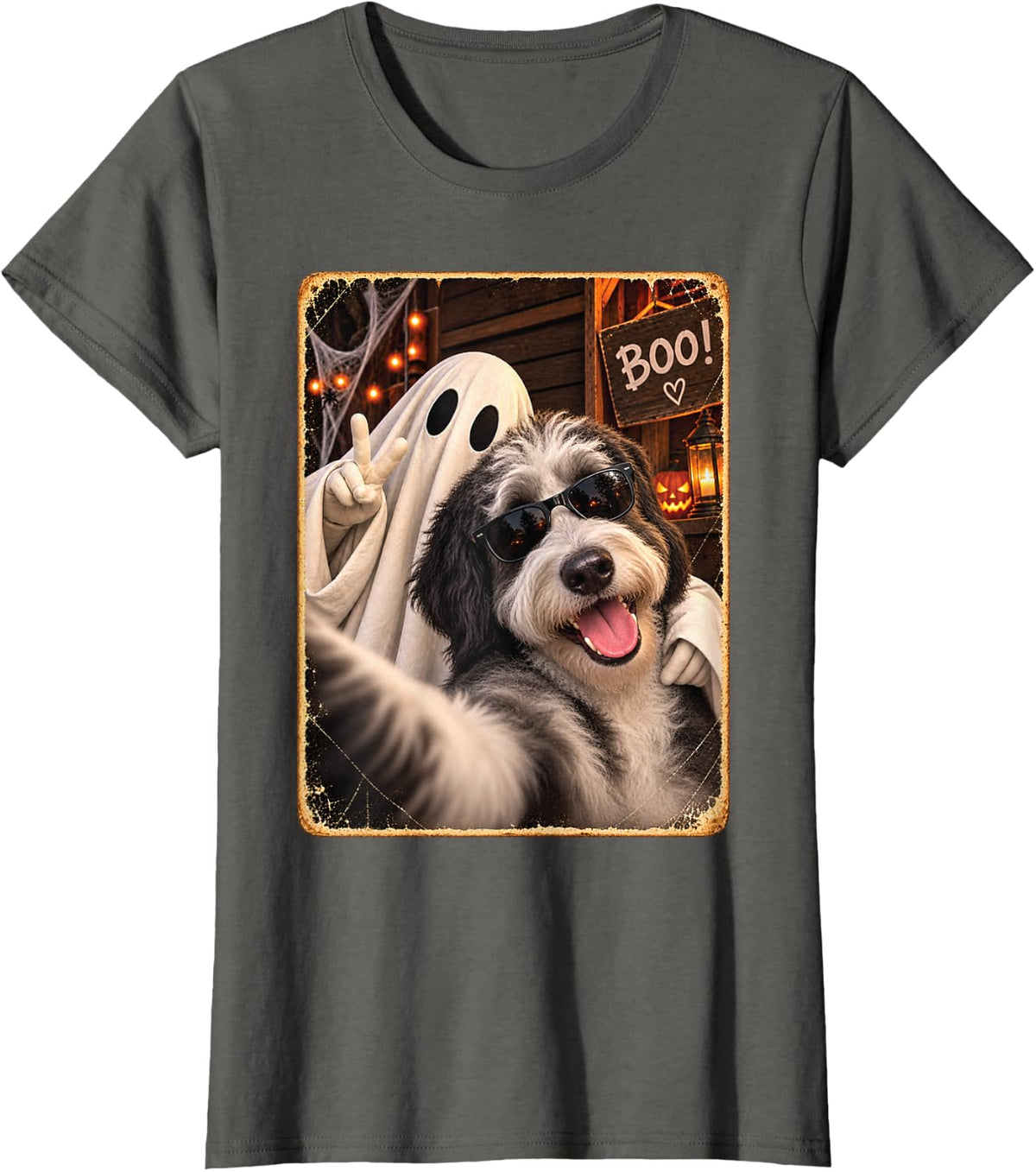 Sheepadoodle Halloween Dog Ghost Selfie Spooky Pet Family T-Shirt - Asphalt Grey