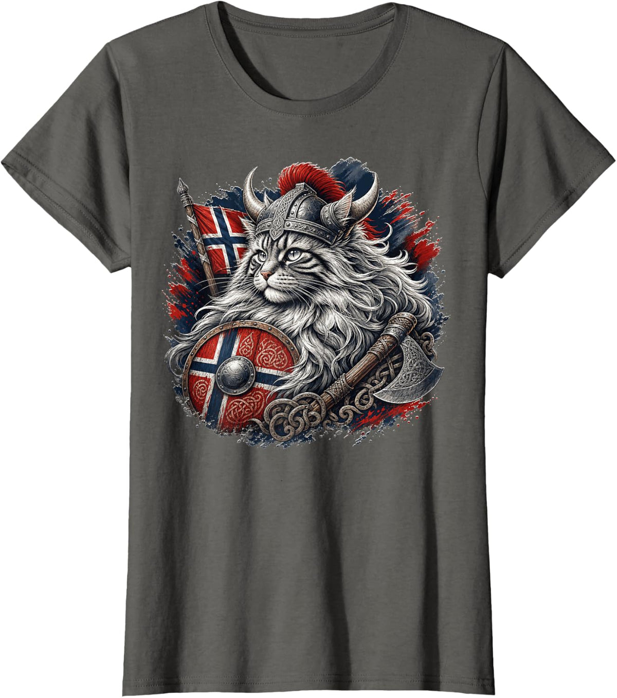 Majestic Norwegian Forest Cat Viking Illustration T-Shirt - Asphalt Grey