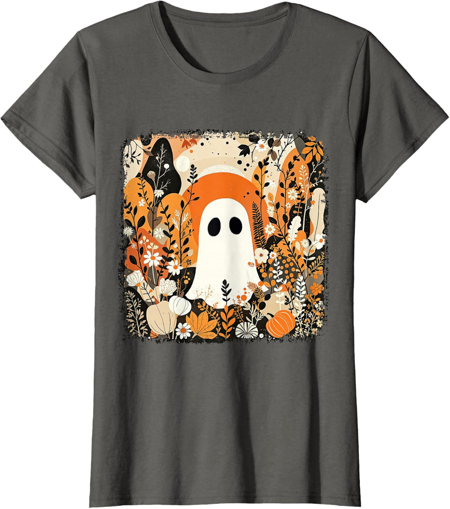 Halloween Ghost Spooky Season Retro Boho Floral Pumpkin T-Shirt - Asphalt Grey