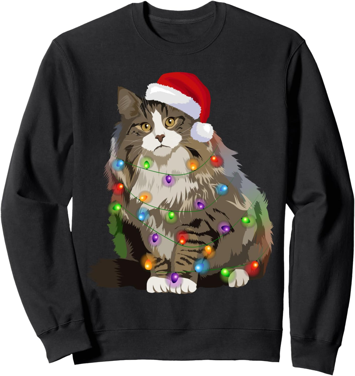 Norwegian Forest Cat Christmas Lights Xmas Cat Lover Sweatshirt - Adult Unisex Black