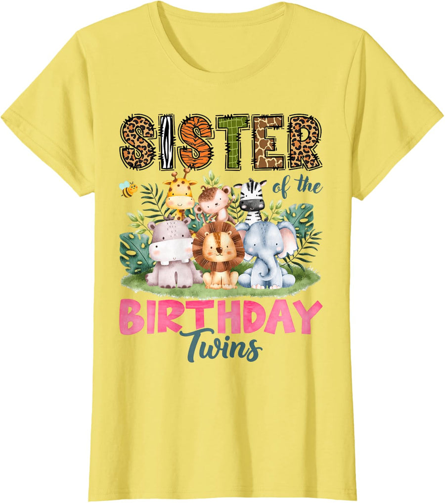Sister of The Birthday Twins Safari Jungle Animals Lover T-Shirt - Lemon Yellow