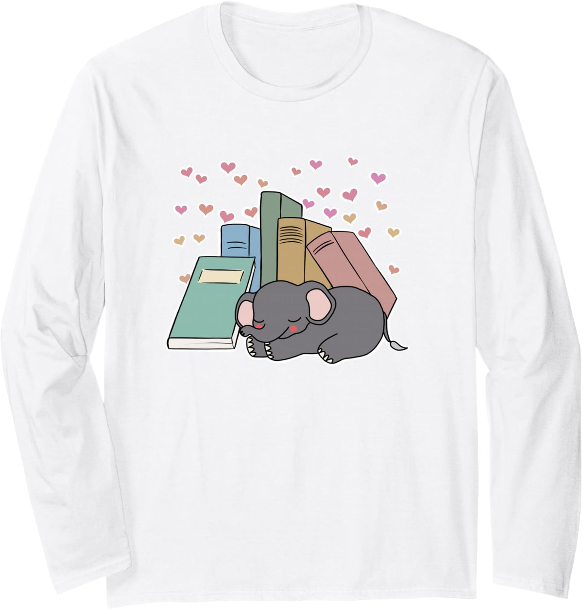 Sleeping Baby Elephant Love Stack of Books Reading Reader Long Sleeve T-Shirt - Adult Unisex White