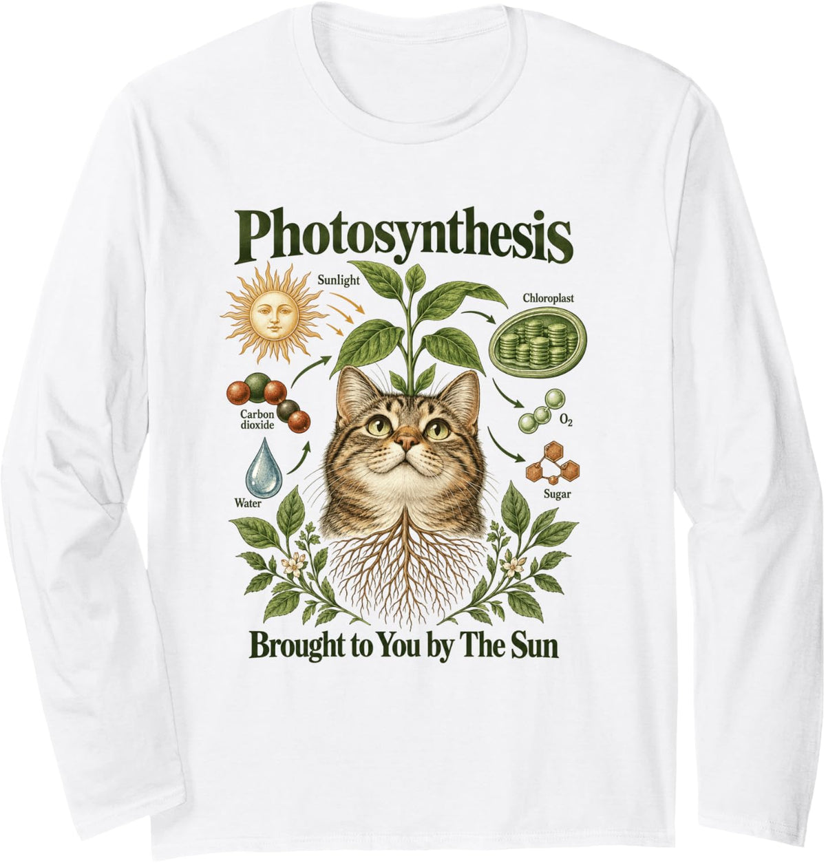 Funny Photosynthesis Cat Plant Science Teacher Long Sleeve T-Shirt - Adult Unisex White