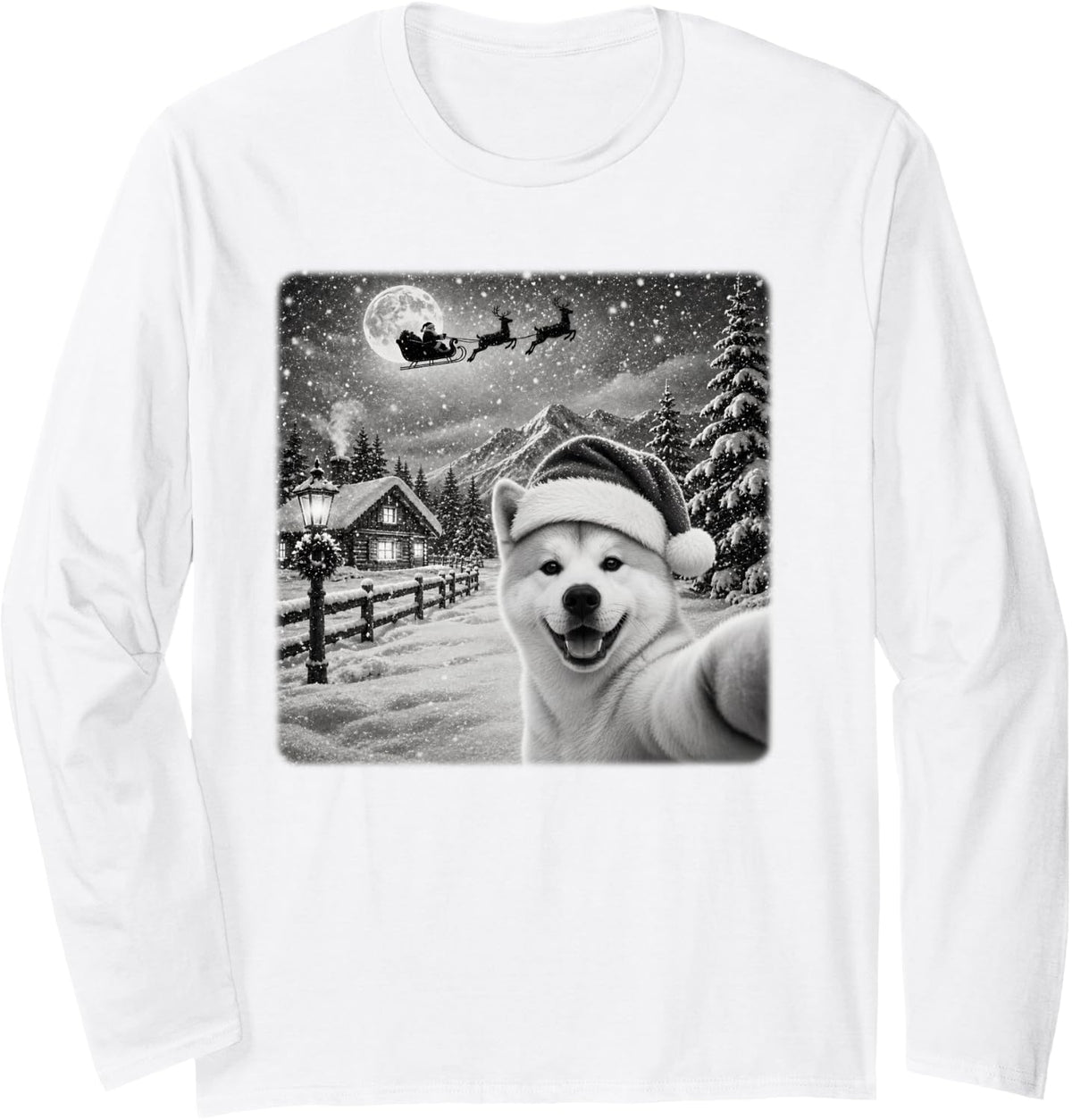 Xmas Moon Night Starry Santa Sleigh Akita Inu Dog Christmas Long Sleeve T-Shirt - Adult Unisex White