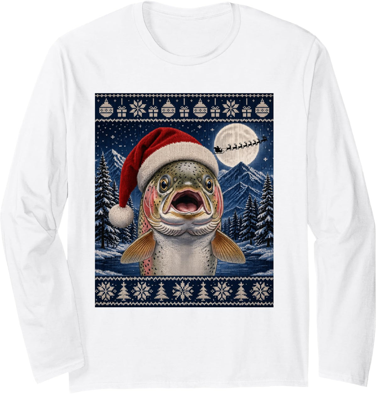 Trout Fish Santa Ugly Christmas Long Sleeve T-Shirt - Adult Unisex White