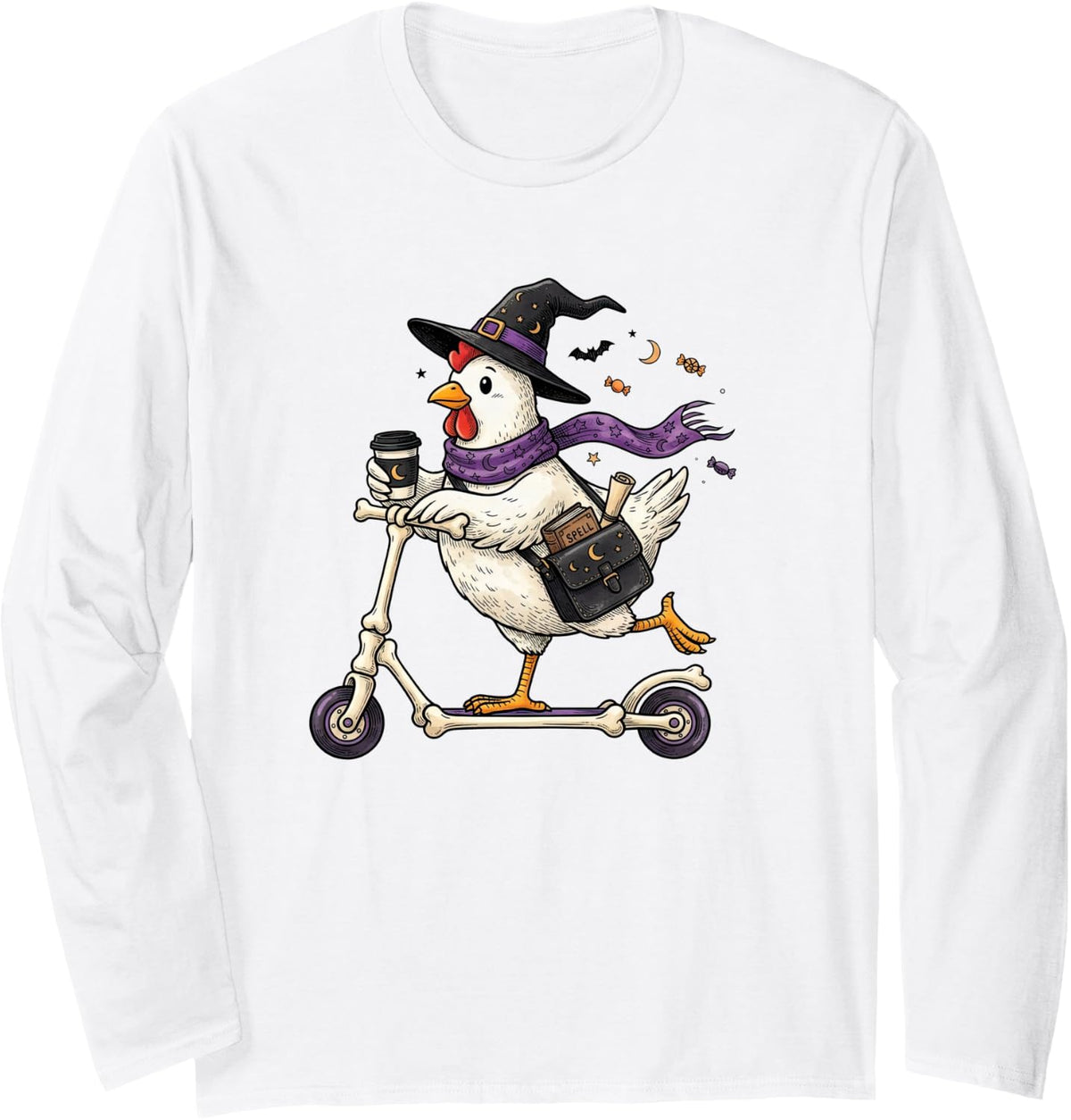 Chicken Scooter Witch Halloween Kids Mens Womens Long Sleeve T-Shirt - Adult Unisex White