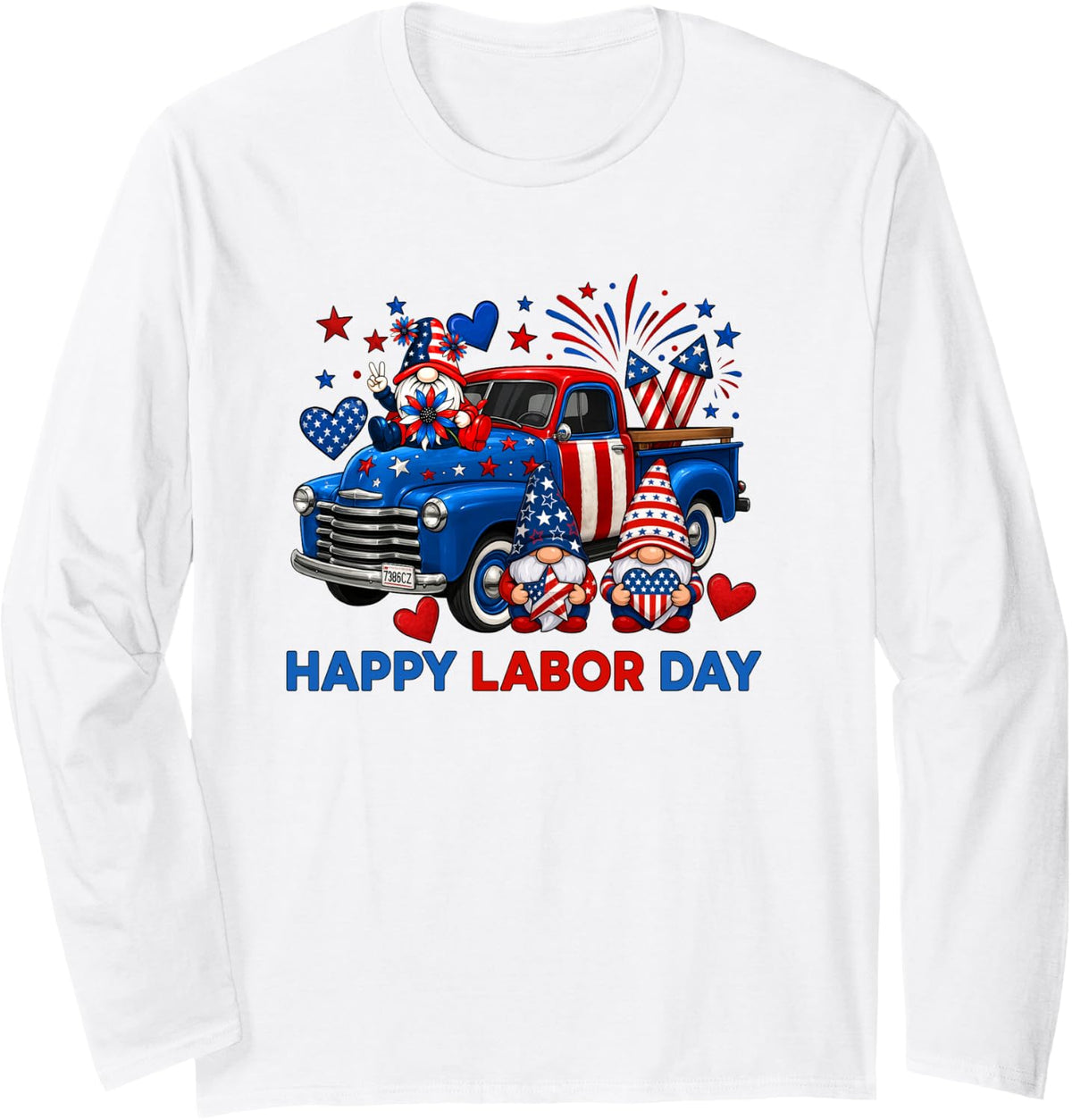 Happy Labor Day Fireworks American Flag and Funny Gnomes Long Sleeve T-Shirt - Adult Unisex White