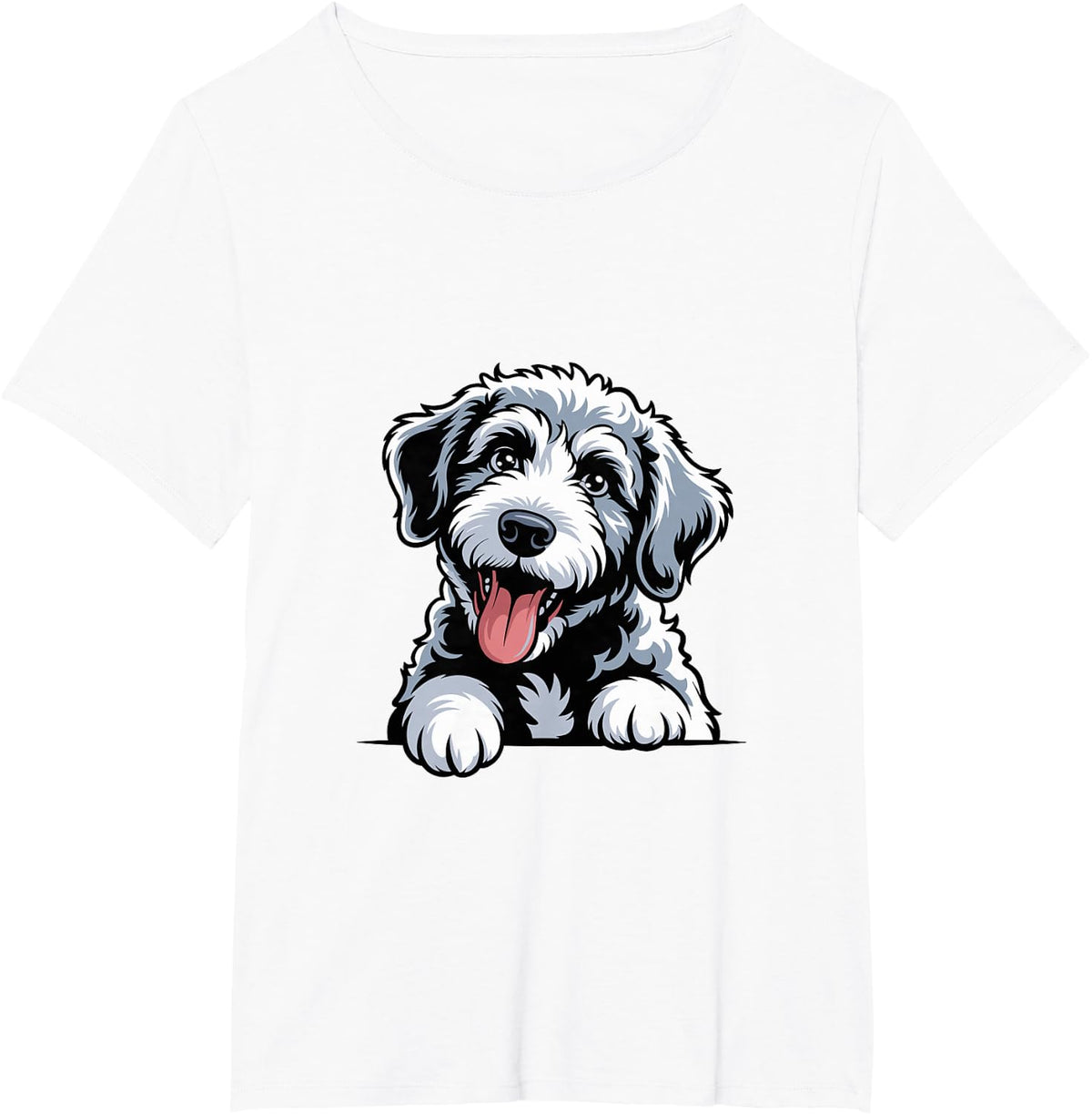 Cute Black White Artistic Drawing Cartoon Cross Sheepadoodle T-Shirt - White