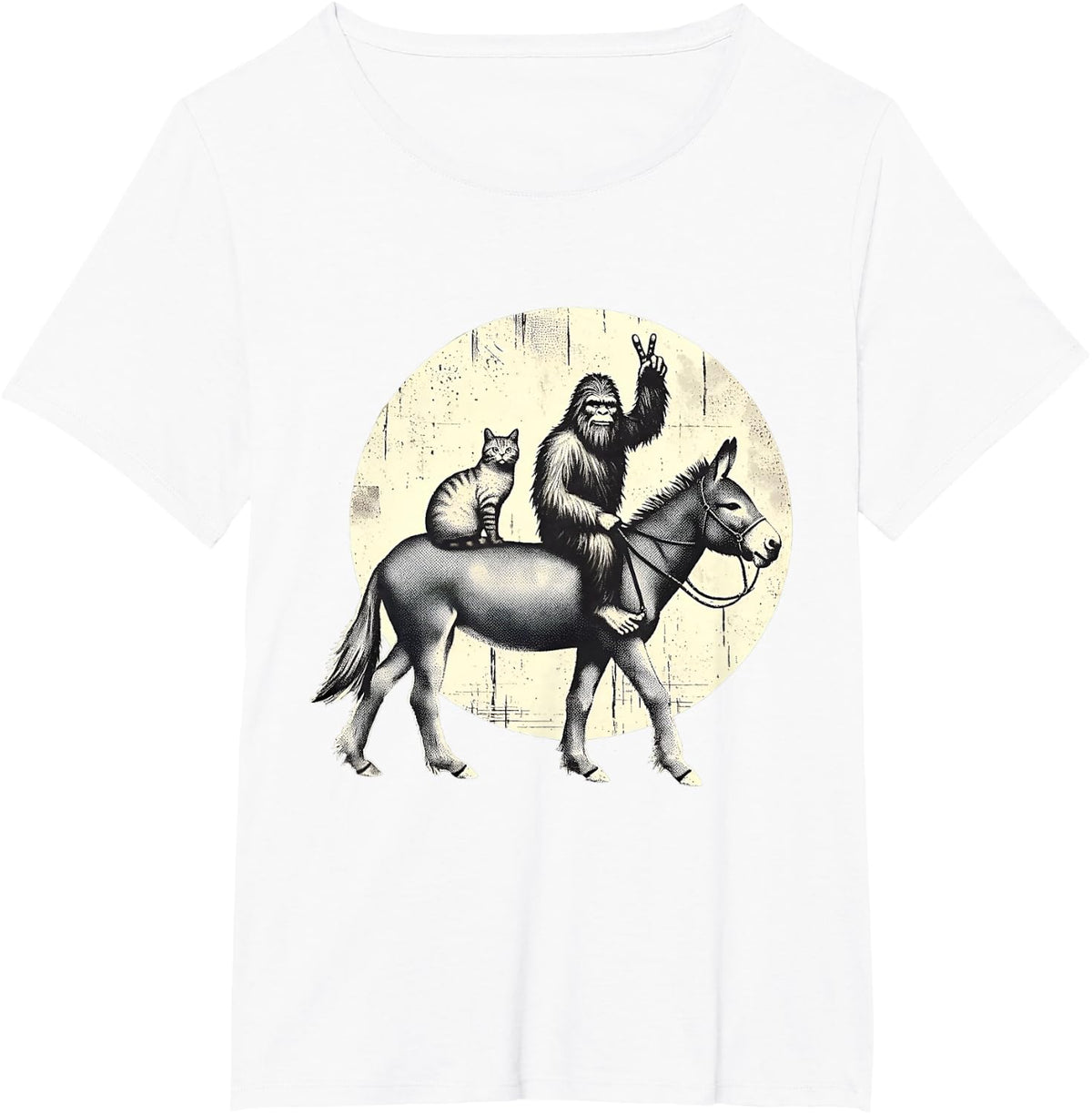 Funny Bigfoot Sasquatch Cat Riding Donkey Peace Sign T-Shirt Tees For Men Women Kids - White