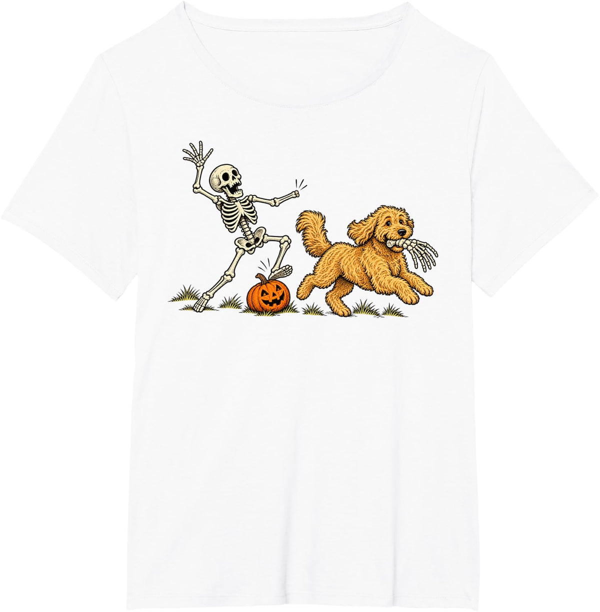 Funny Halloween Goldendoodle Dog Stealing Bone from Skeleton T-Shirt - White