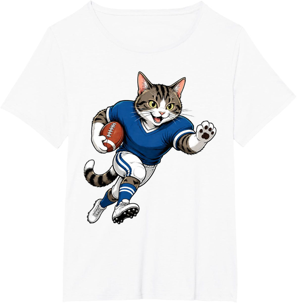 Cat Plays Football Funny Graphic T-Shirt - White