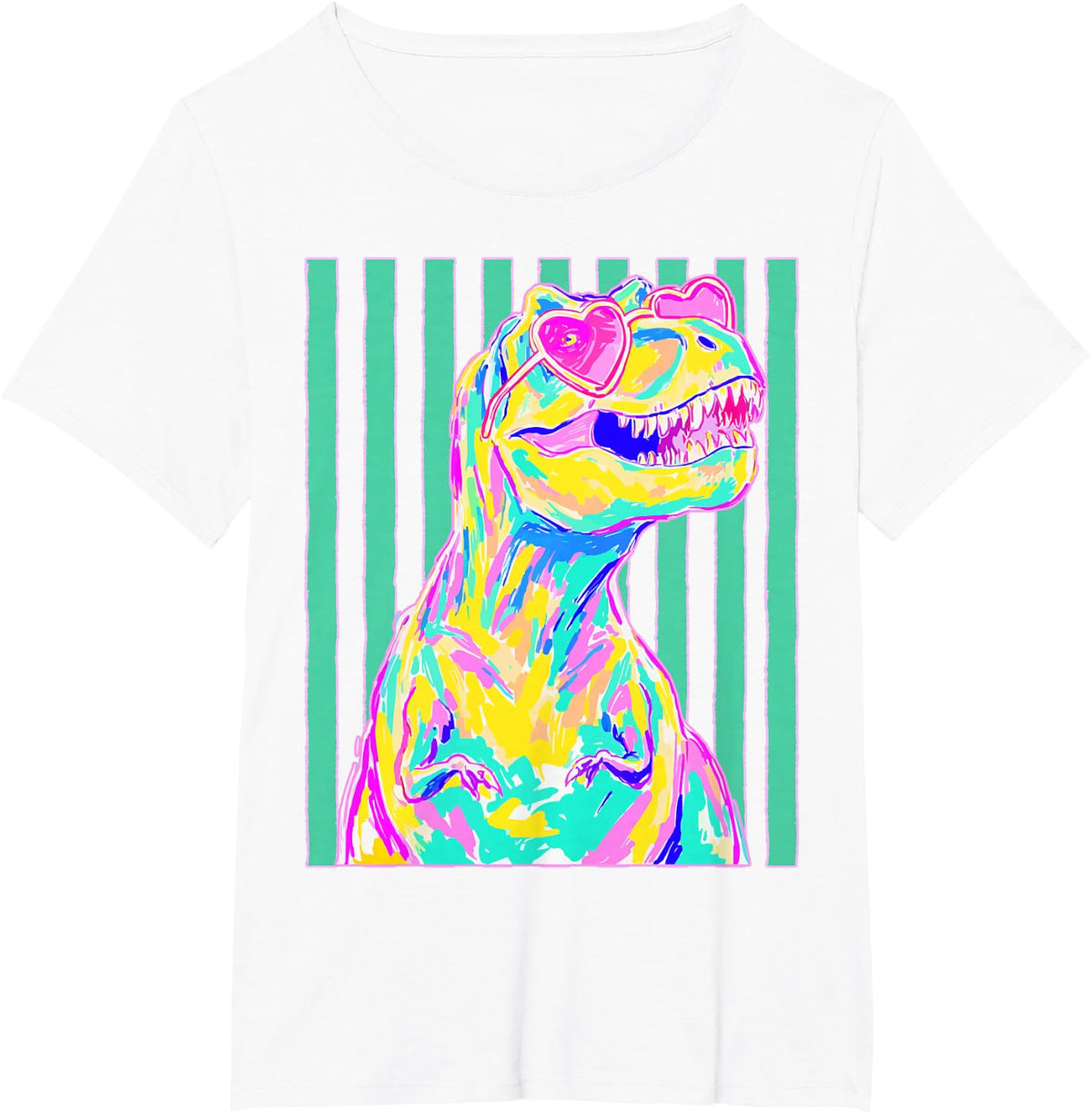 Cute T-rex with Heart Sunglasses Dinosaur Summer Stripes T-Shirt - White