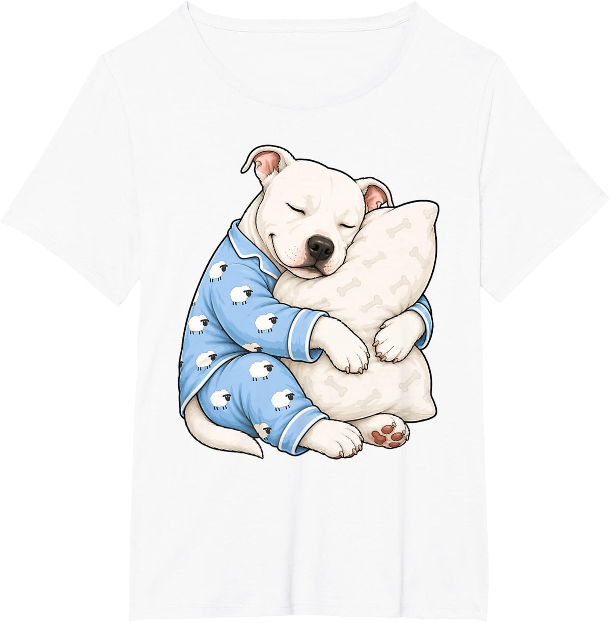 Staffordshire Bull Terrier Sleeping in Cute Pajamas Sleep T-Shirt - White